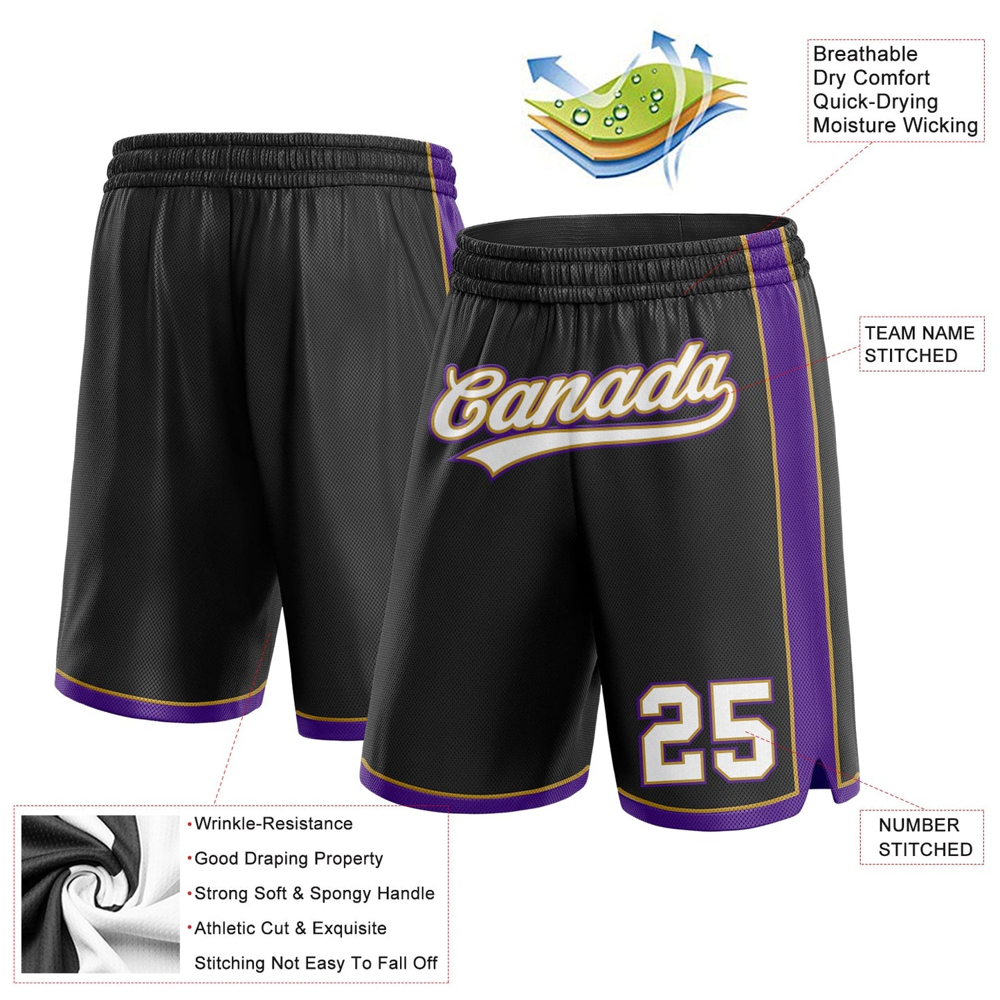 Custom Black White Old Gold-Purple Authentic Basketball Shorts view 2