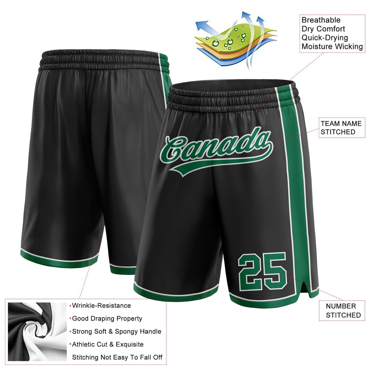 Custom Black Kelly Green-White Authentic Basketball Shorts view 2