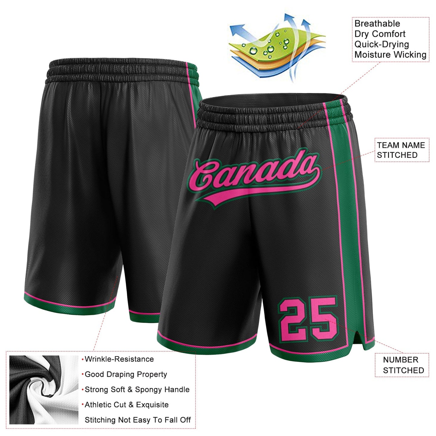 Custom Black Pink-Kelly Green Authentic Basketball Shorts view 2