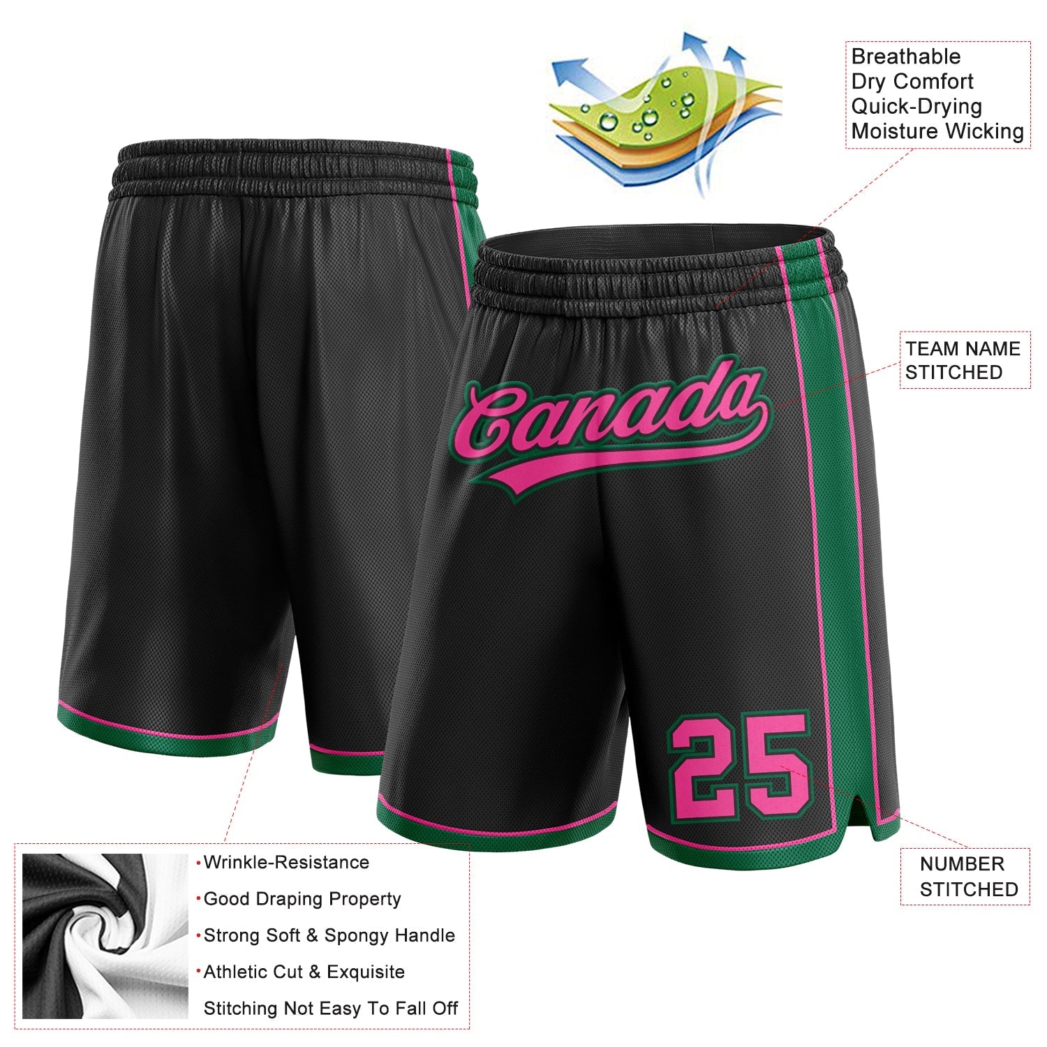 Custom Black Pink-Kelly Green Authentic Basketball Shorts view 2