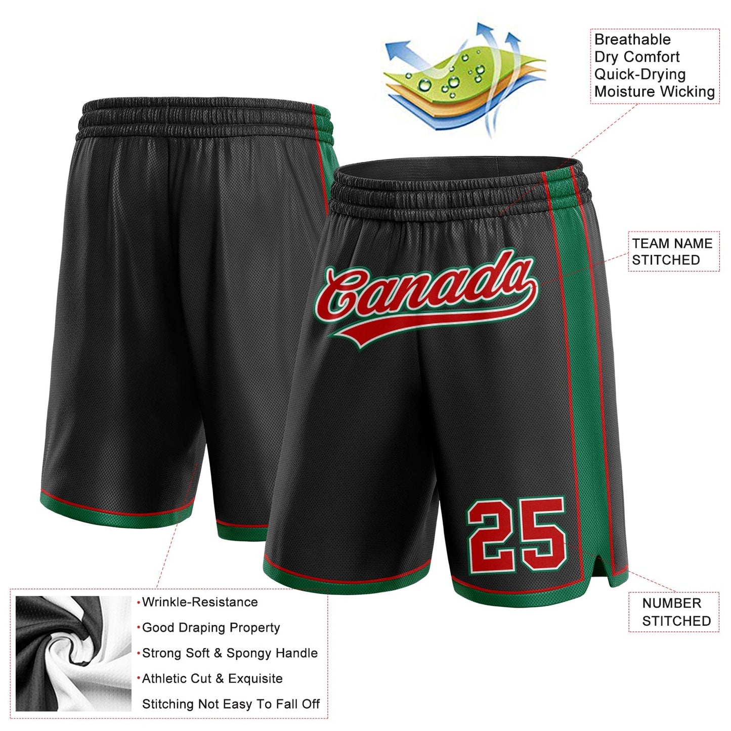 Custom Black Red-Kelly Green Authentic Basketball Shorts view 2