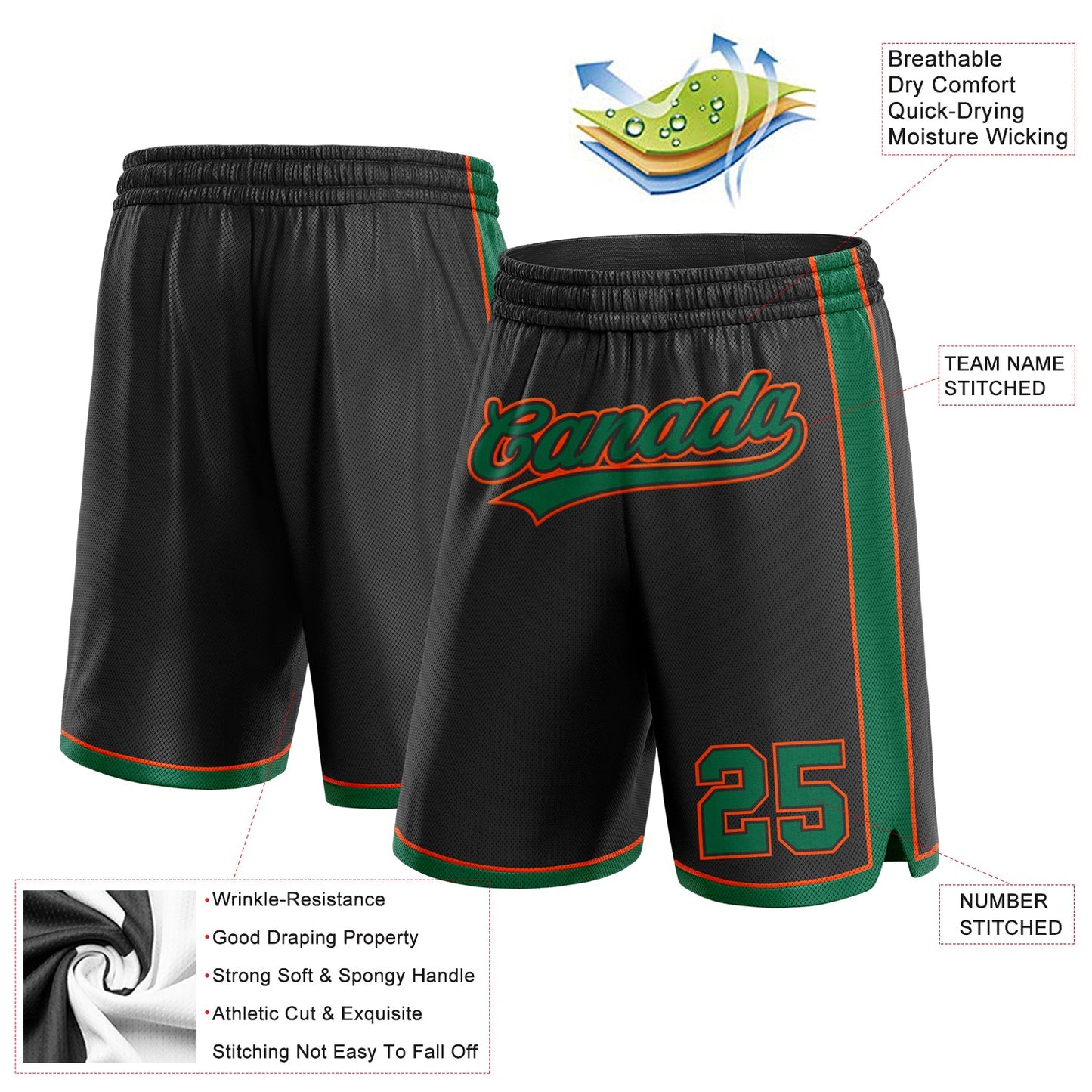 Custom Black Kelly Green-Orange Authentic Basketball Shorts view 2