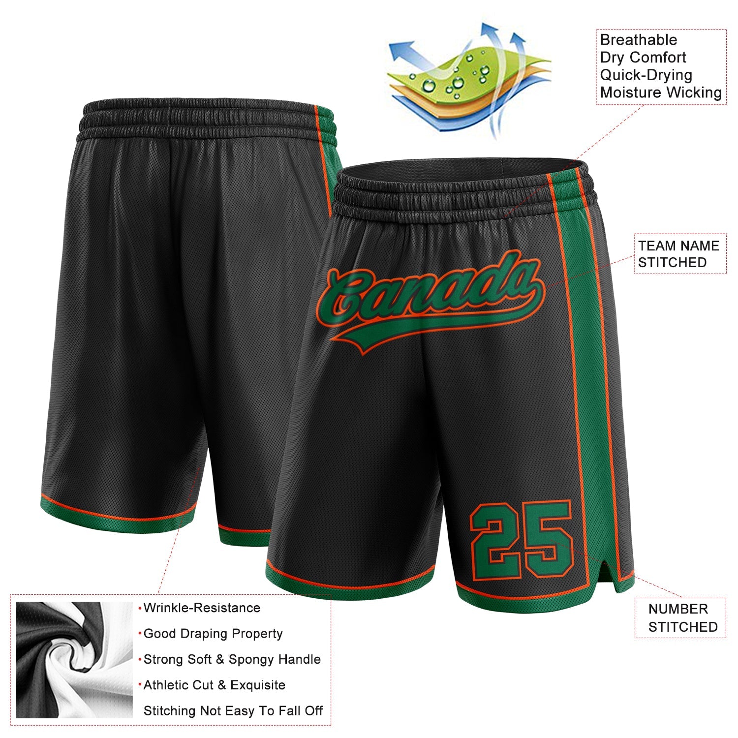 Custom Black Kelly Green-Orange Authentic Basketball Shorts view 2