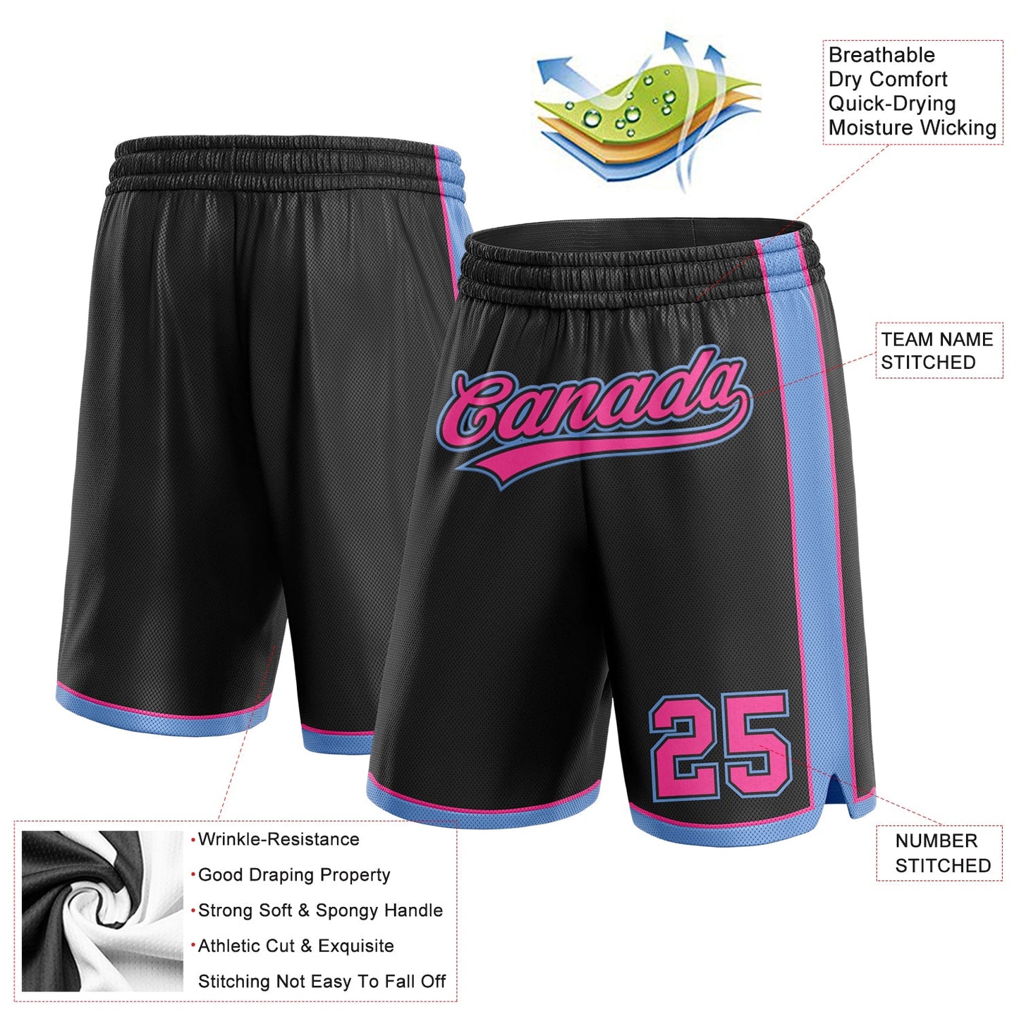 Custom Black Pink-Light Blue Authentic Basketball Shorts view 2