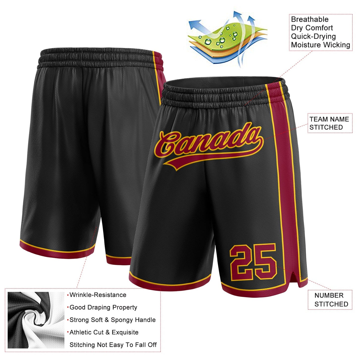 Custom Black Maroon-Yellow Authentic Basketball Shorts view 2