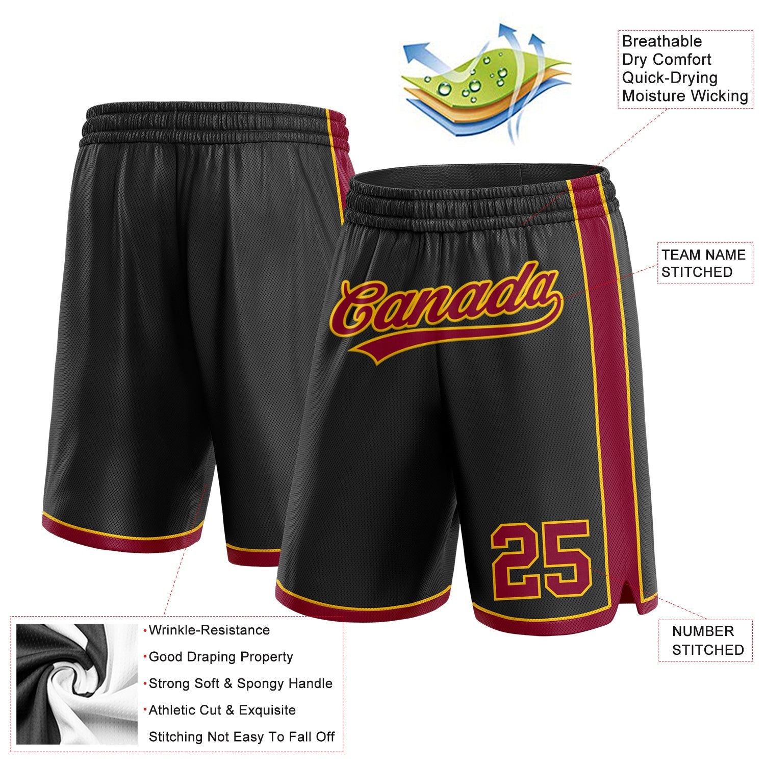 Custom Black Maroon-Yellow Authentic Basketball Shorts view 2