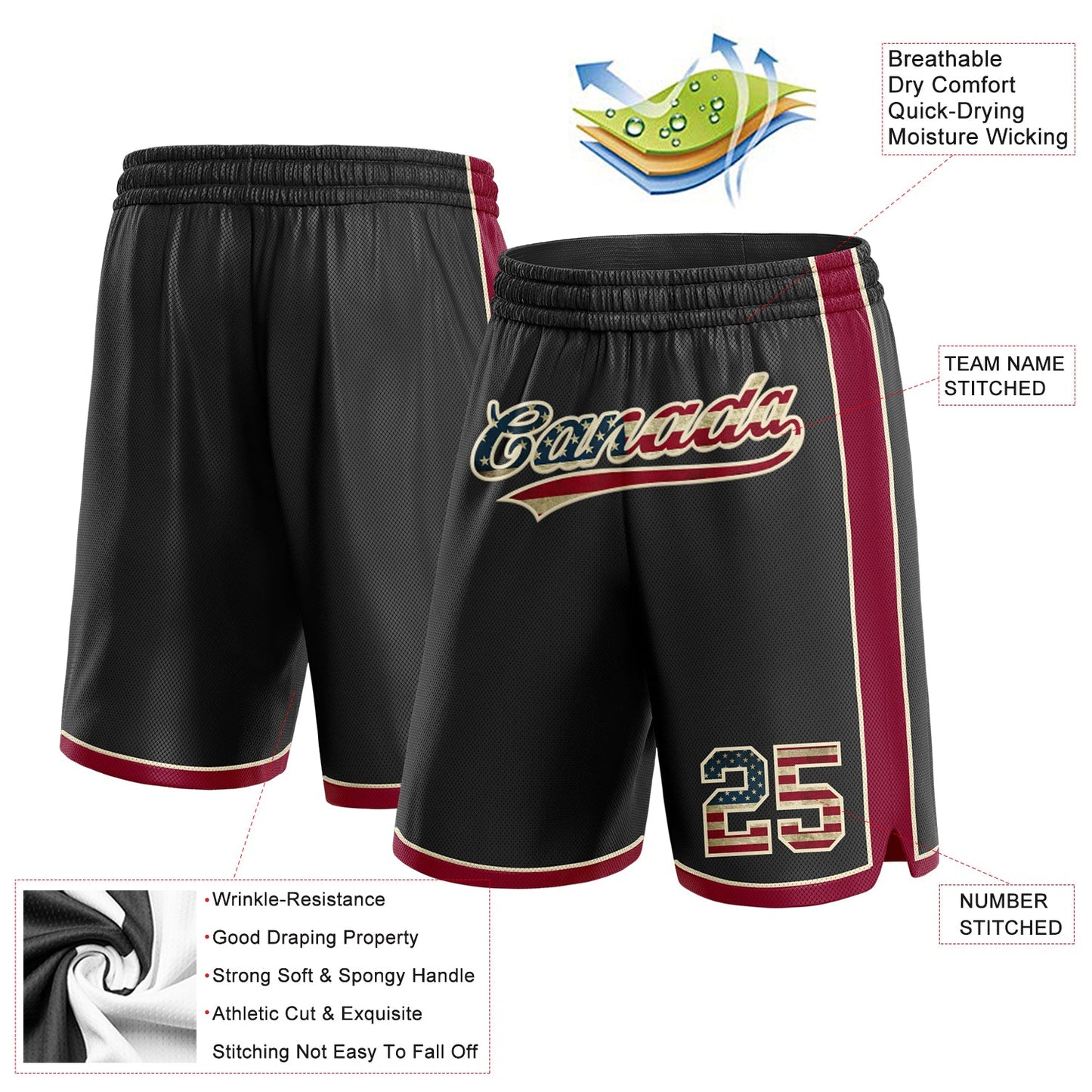 Custom Black Vintage USA Flag Maroon-Cream Authentic Basketball Shorts view 2