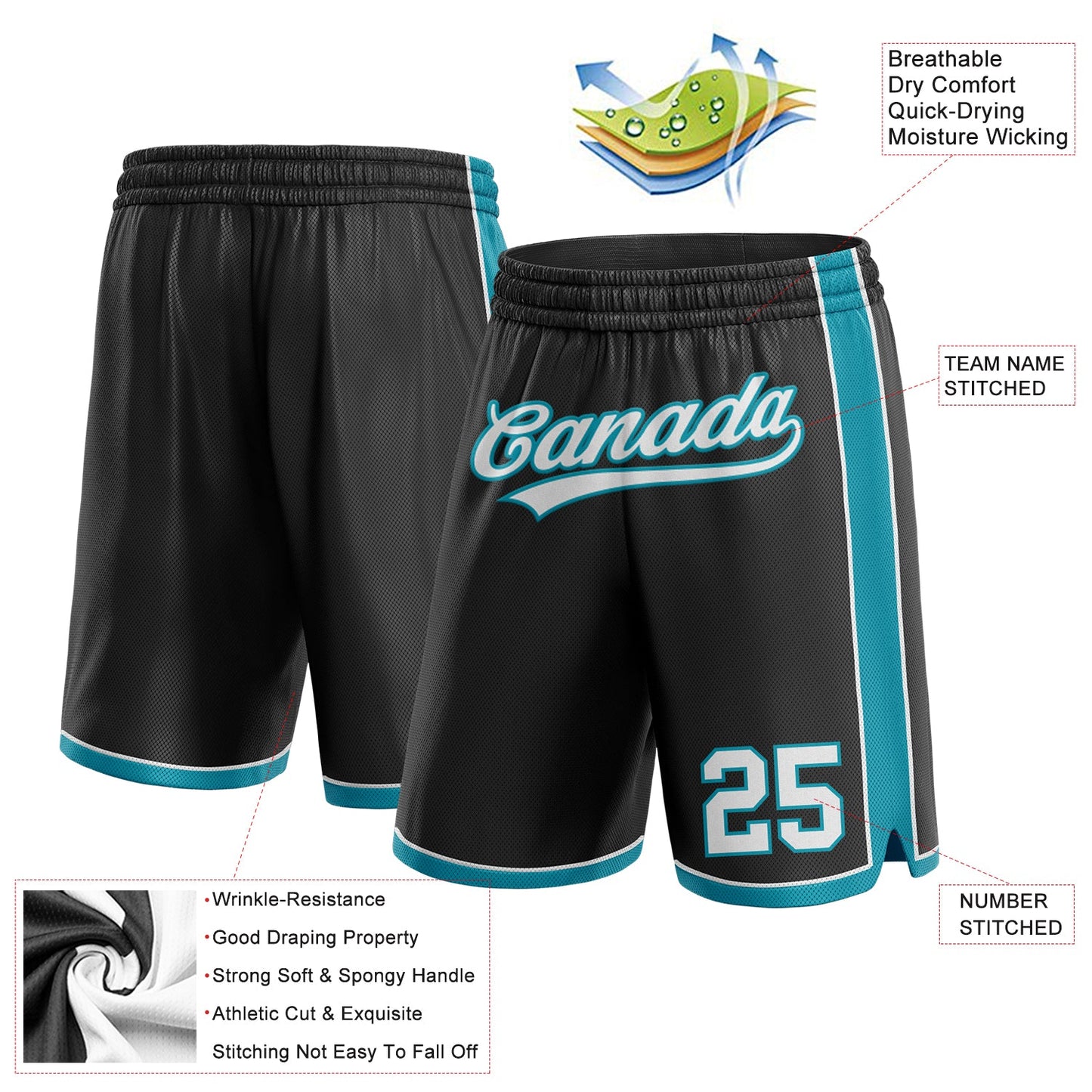 Custom Black White-Teal Authentic Basketball Shorts view 2