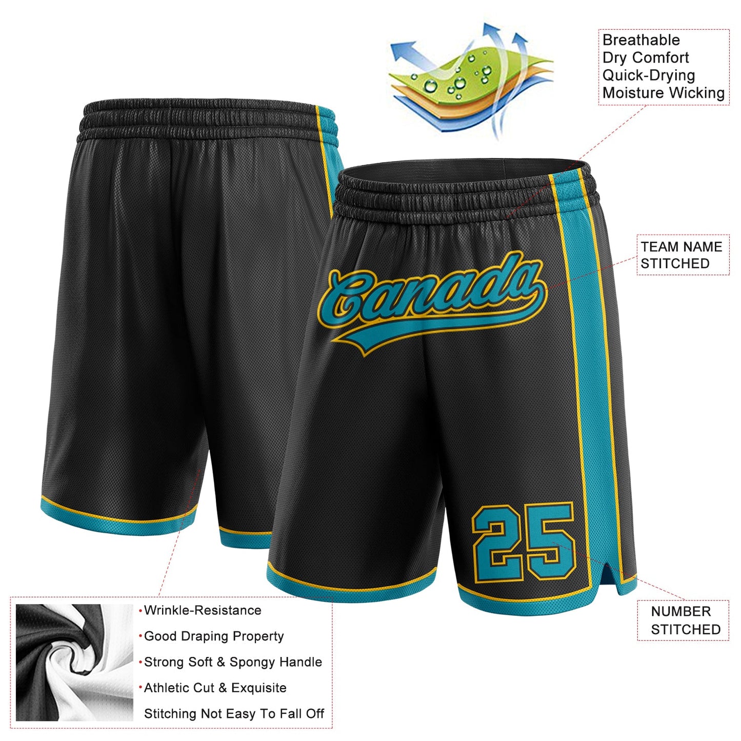 Custom Black Teal-Yellow Authentic Basketball Shorts view 2