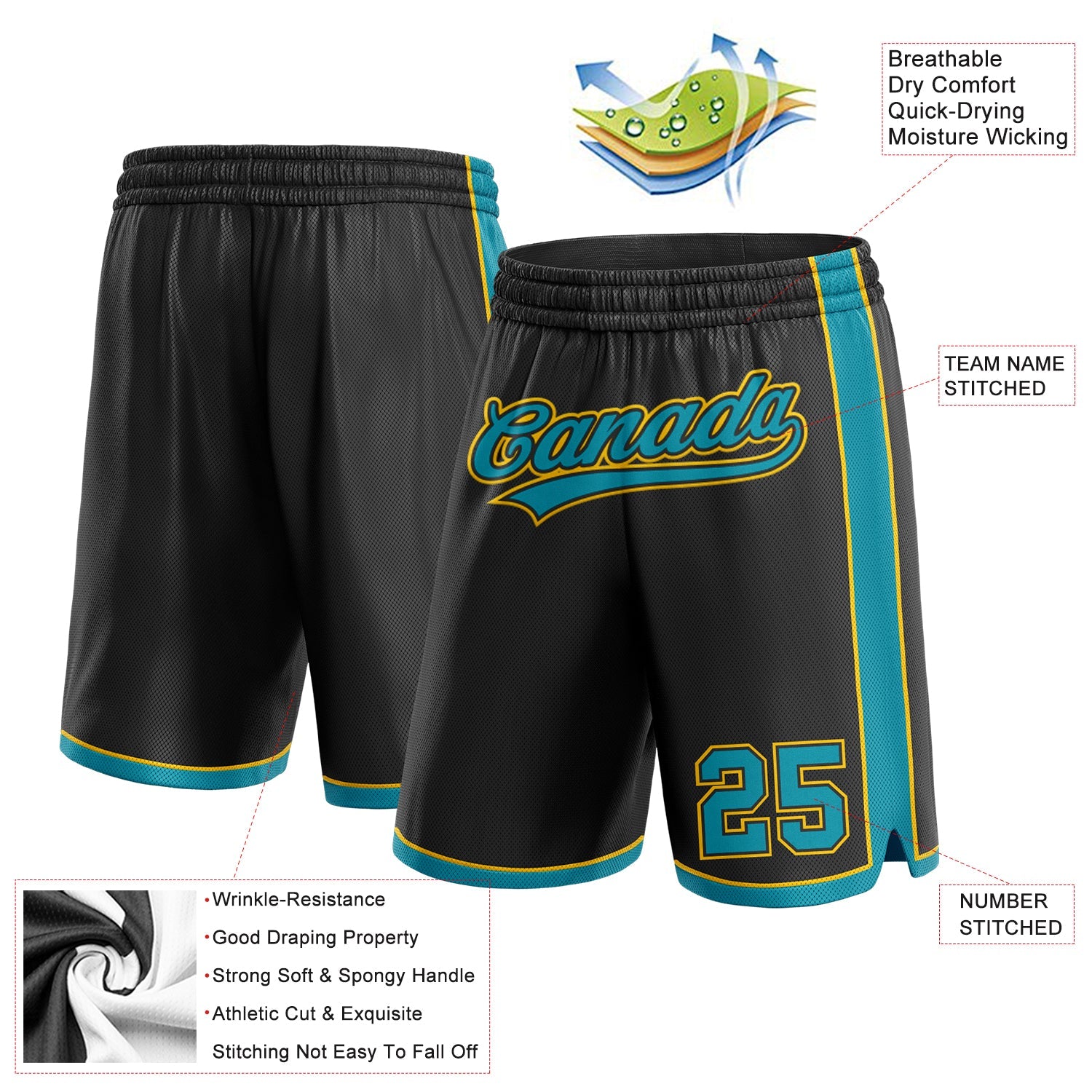 Custom Black Teal-Yellow Authentic Basketball Shorts view 2