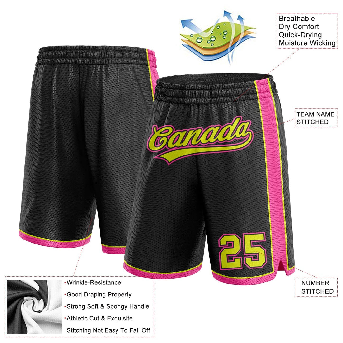 Custom Black Neon Yellow-Pink Authentic Basketball Shorts view 2