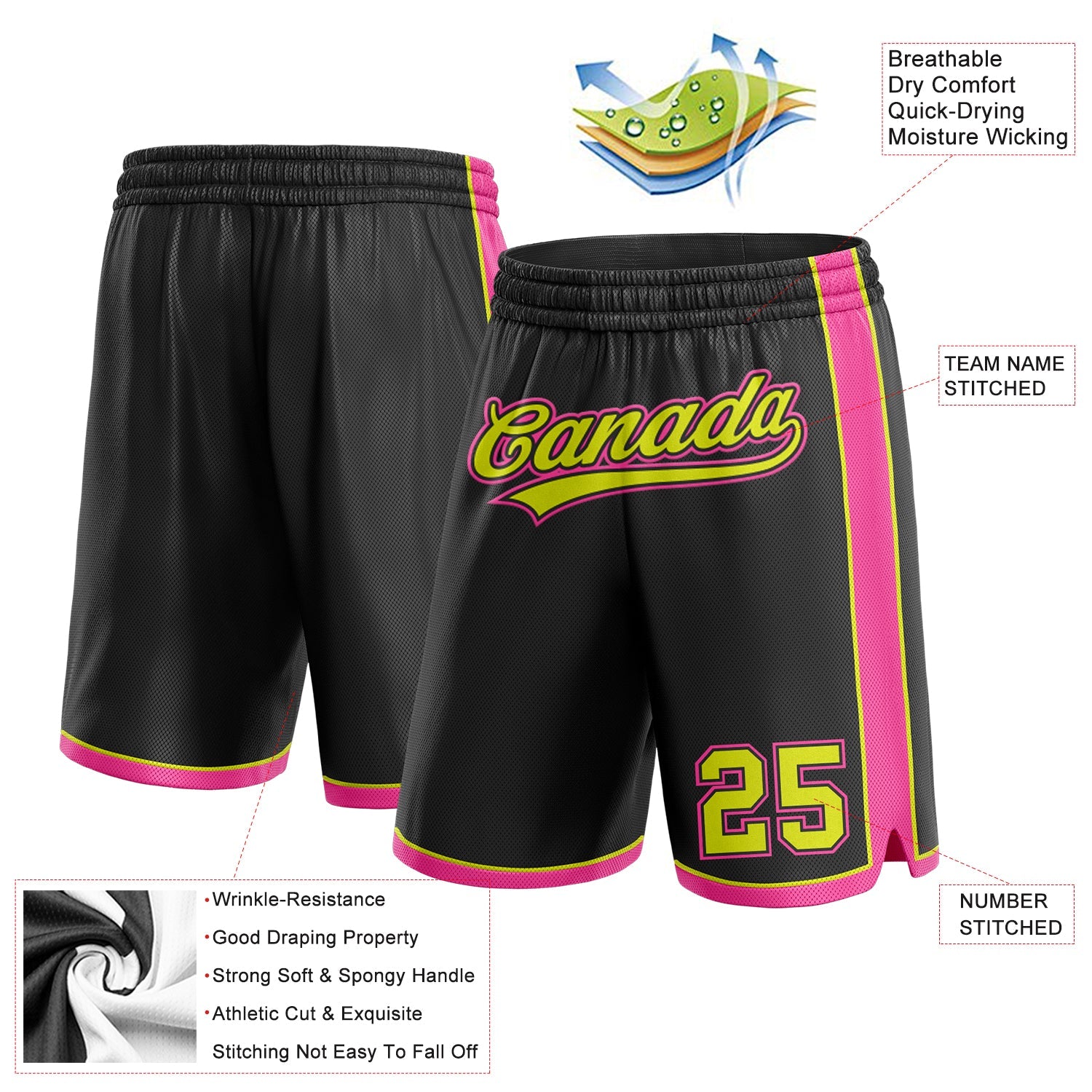 Custom Black Neon Yellow-Pink Authentic Basketball Shorts view 2