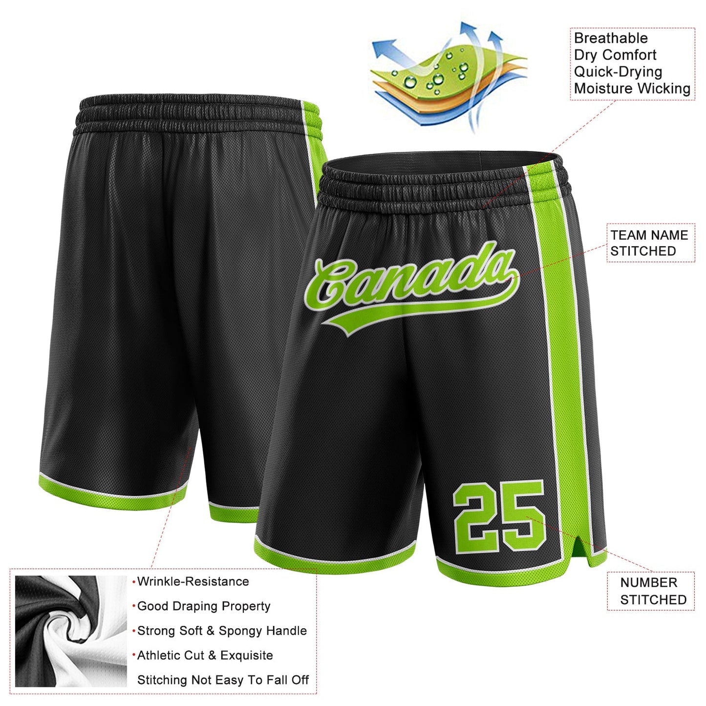 Custom Black Neon Green-White Authentic Basketball Shorts view 2