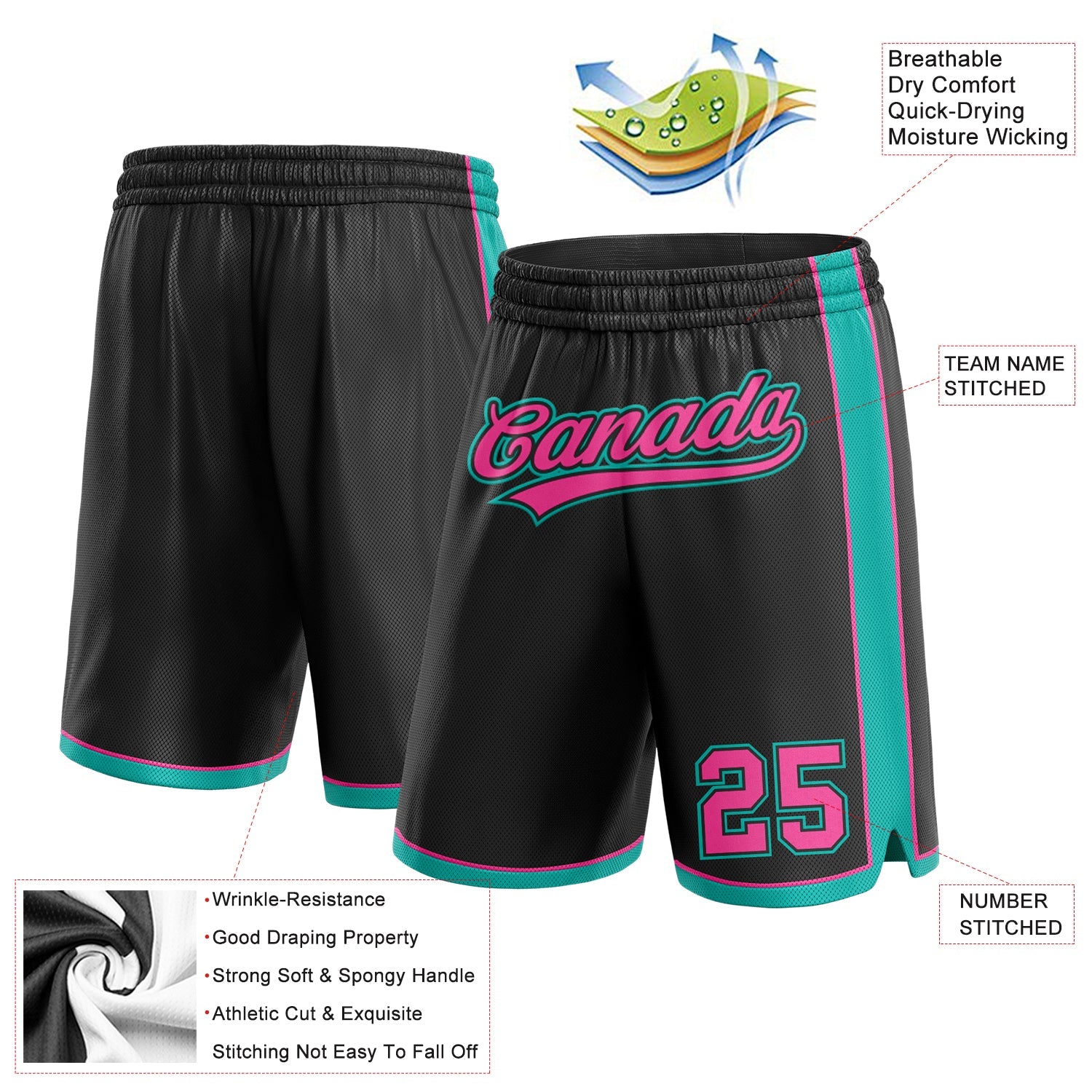 Custom Black Pink-Aqua Authentic Basketball Shorts view 2