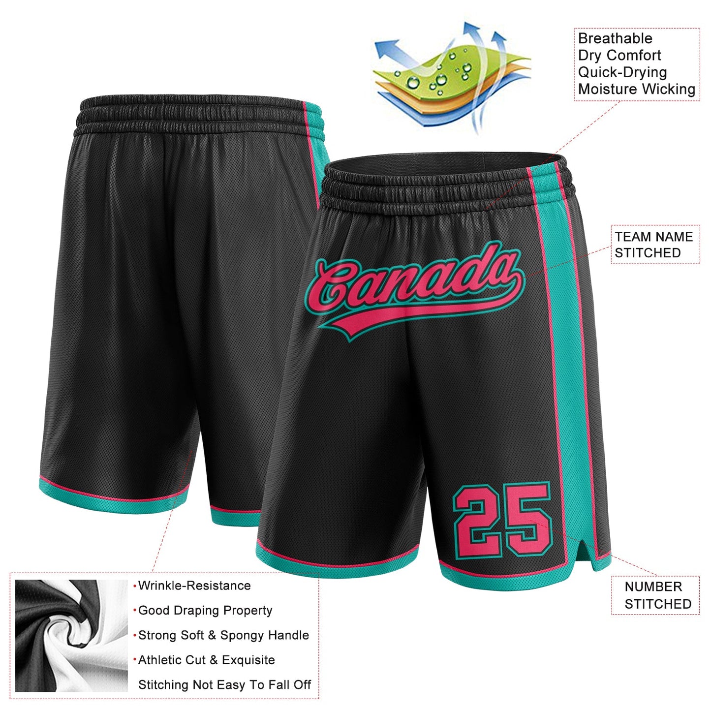 Custom Black Neon Pink-Aqua Authentic Basketball Shorts view 2