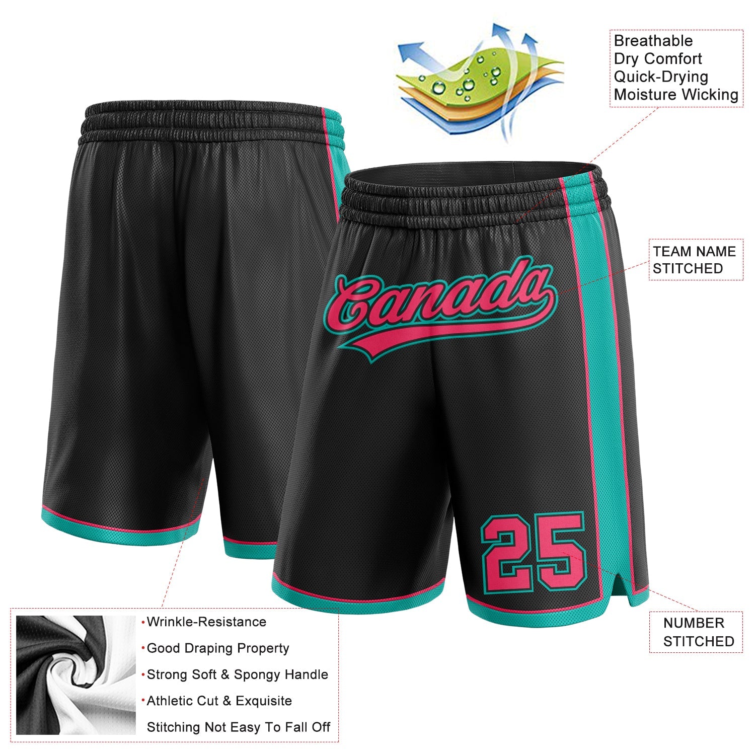 Custom Black Neon Pink-Aqua Authentic Basketball Shorts view 2