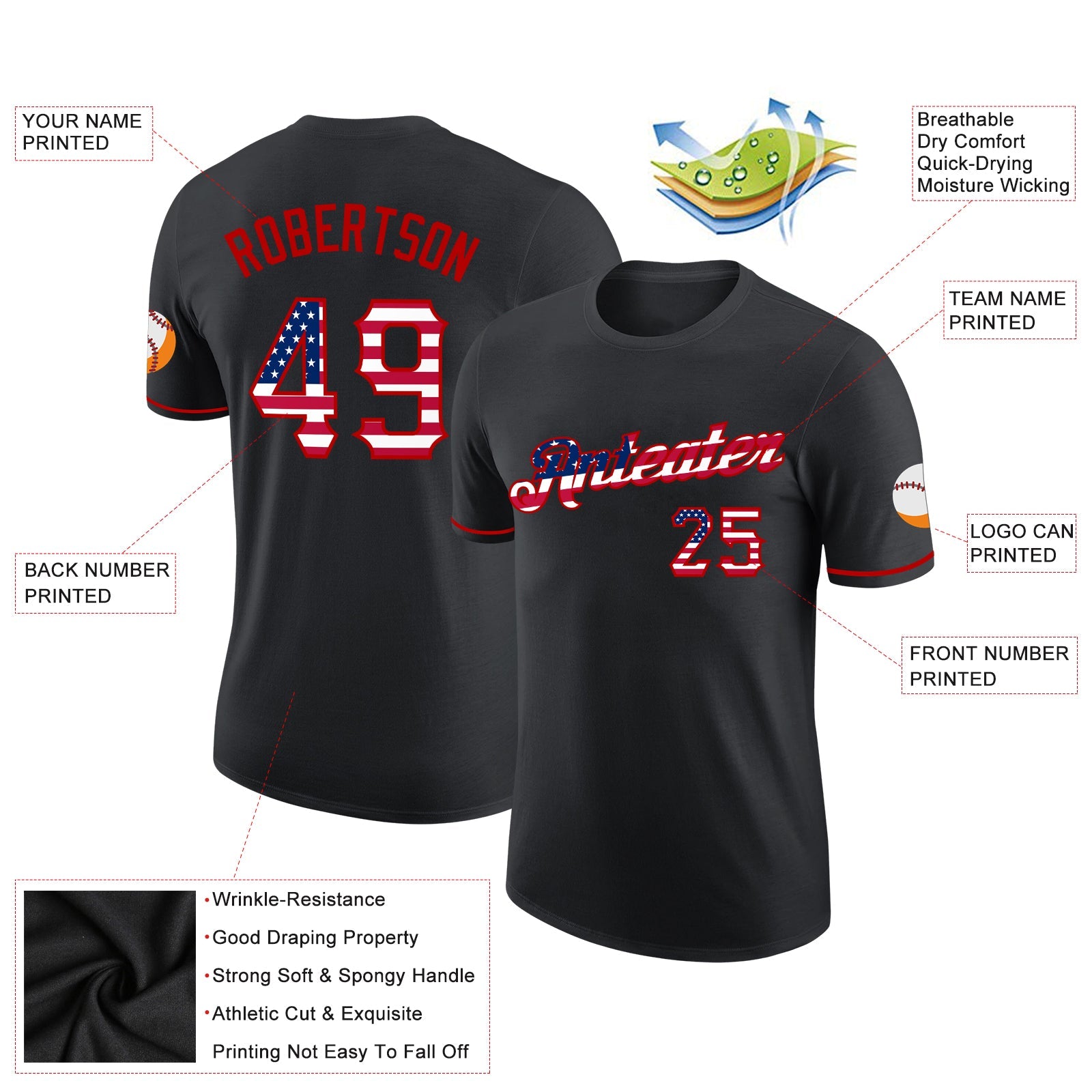 Custom Black USA Flag-Red Performance T-Shirt view 2