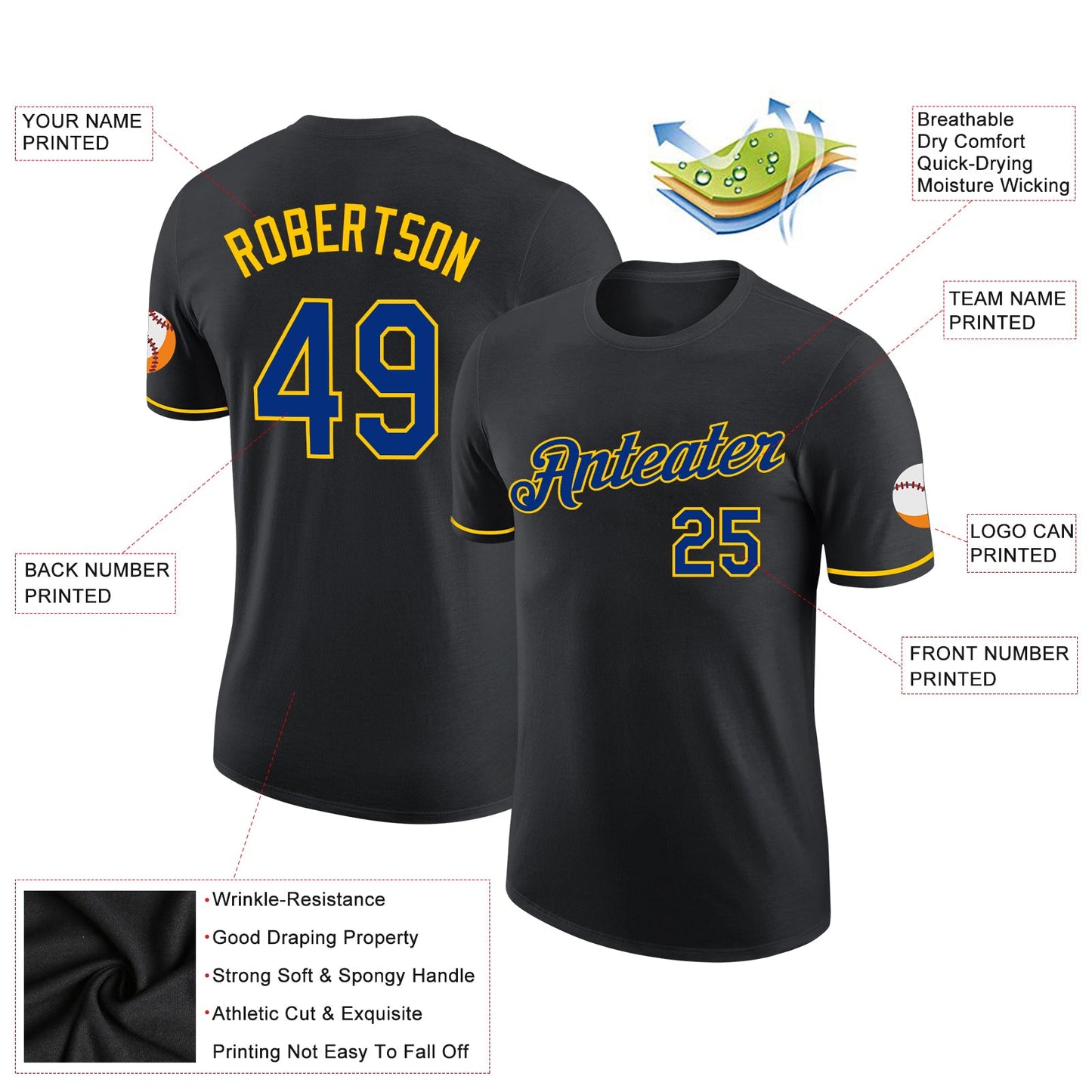 Custom Black Royal-Yellow Performance T-Shirt view 2