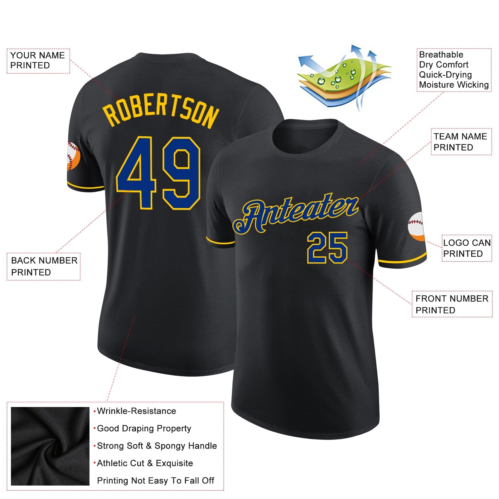Custom Black Royal-Yellow Performance T-Shirt view 2