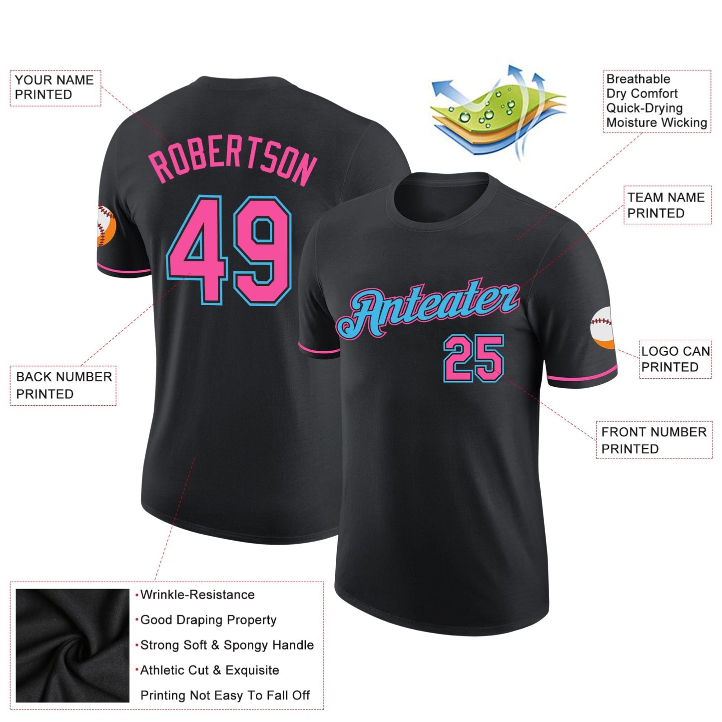 Custom Black Pink-Sky Blue Performance T-Shirt view 2