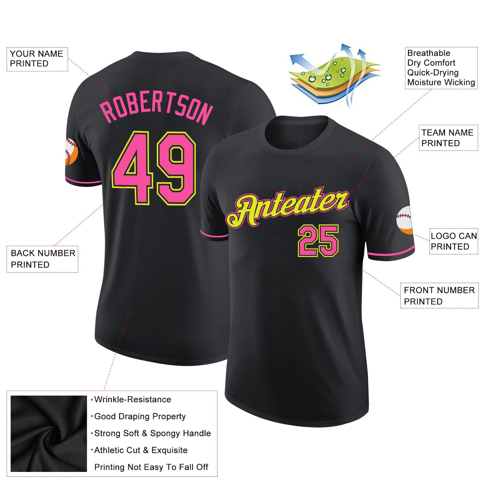 Custom Black Pink-Neon Yellow Performance T-Shirt view 2