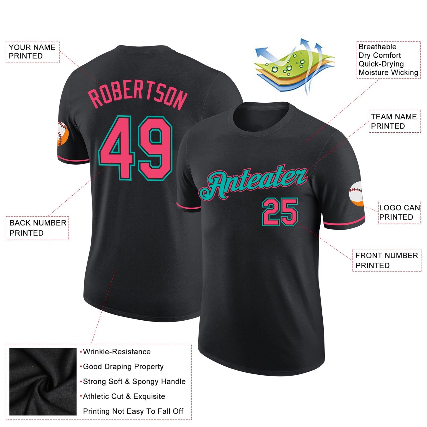 Custom Black Neon Pink-Aqua Performance T-Shirt view 2