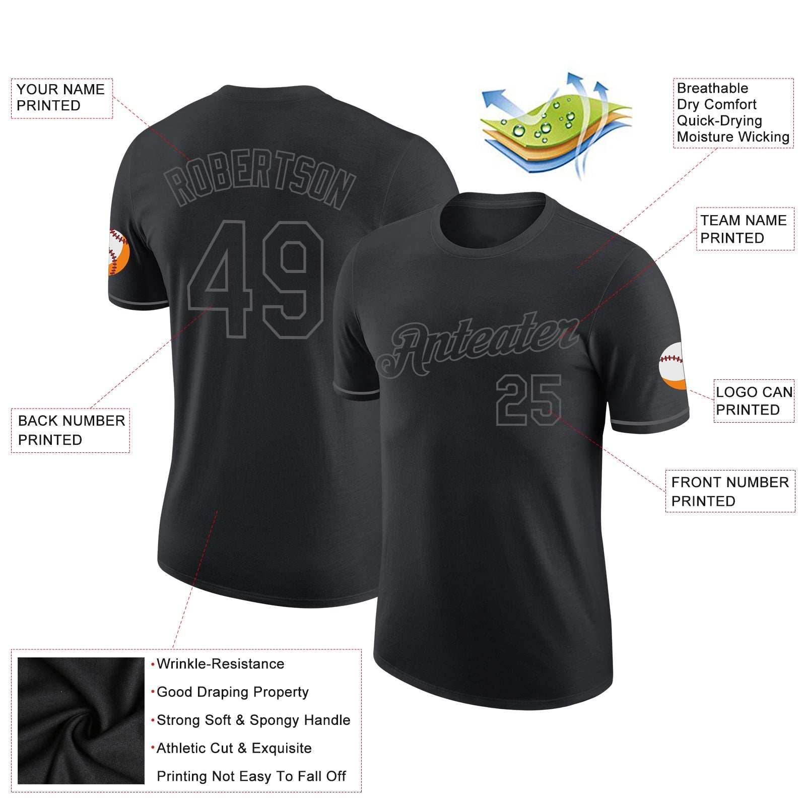 Custom Black Steel Gray Performance T-Shirt view 2