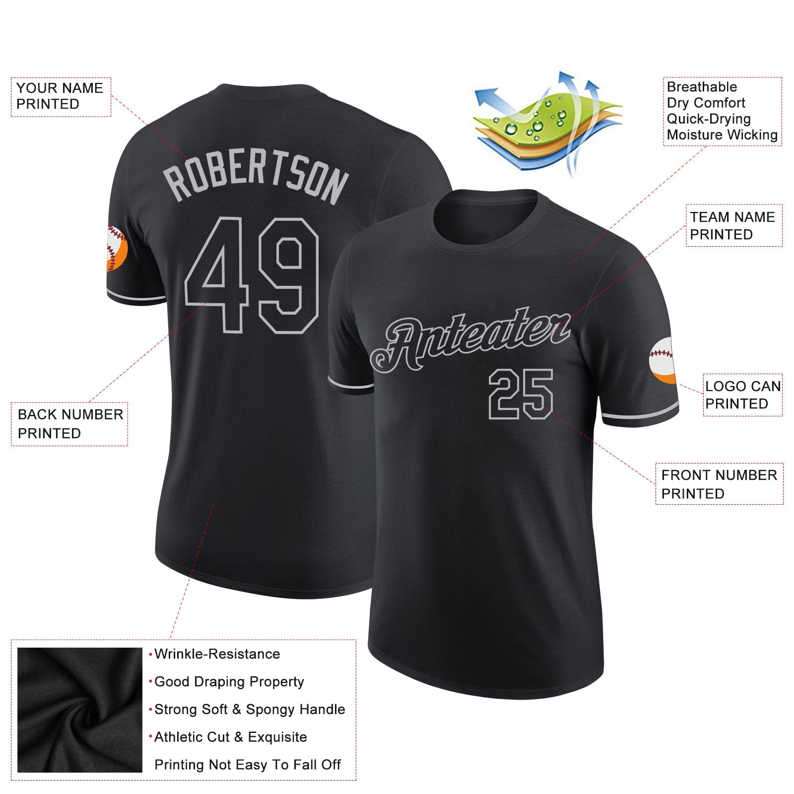 Custom Black Gray Performance T-Shirt view 2