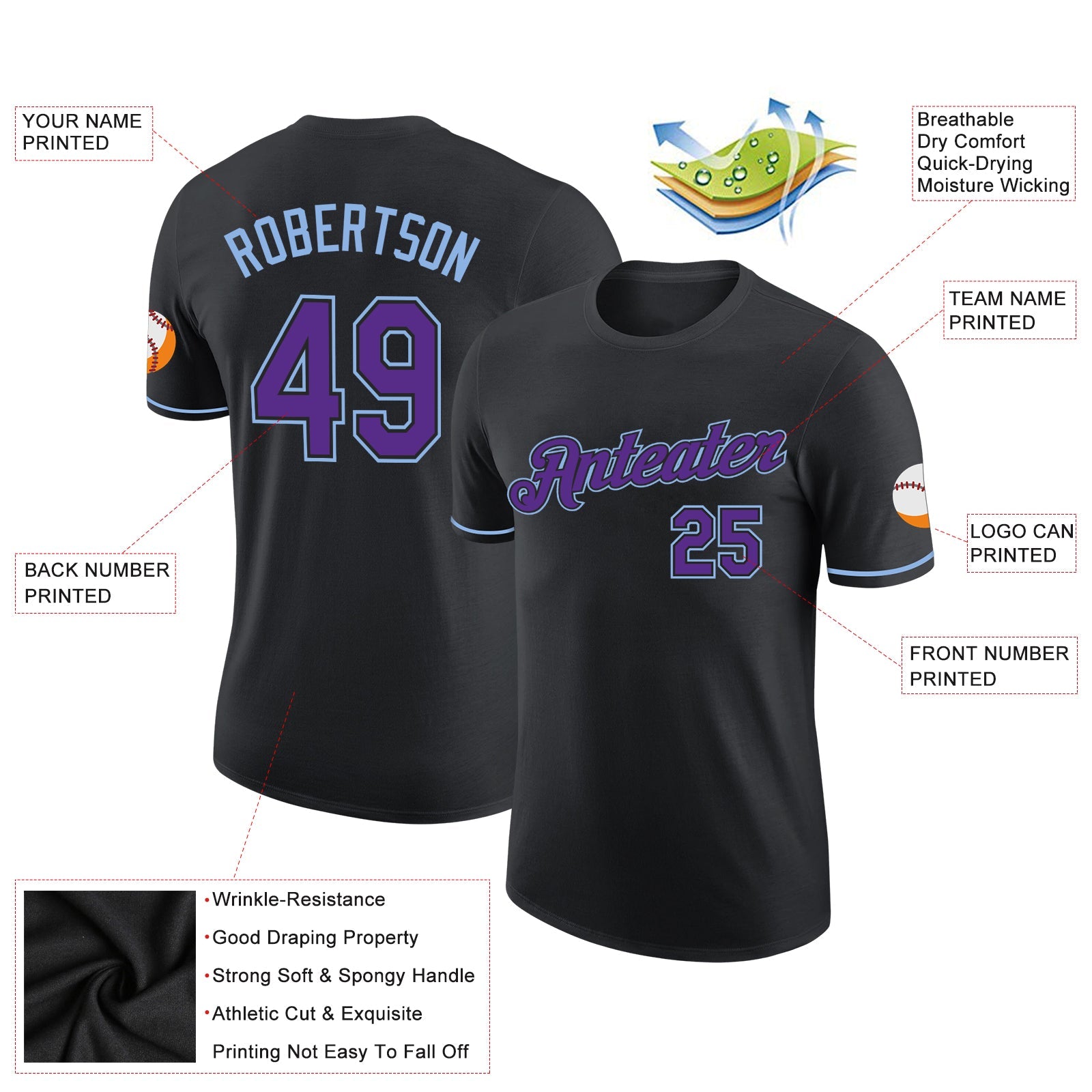 Custom Black Purple-Light Blue Performance T-Shirt view 2