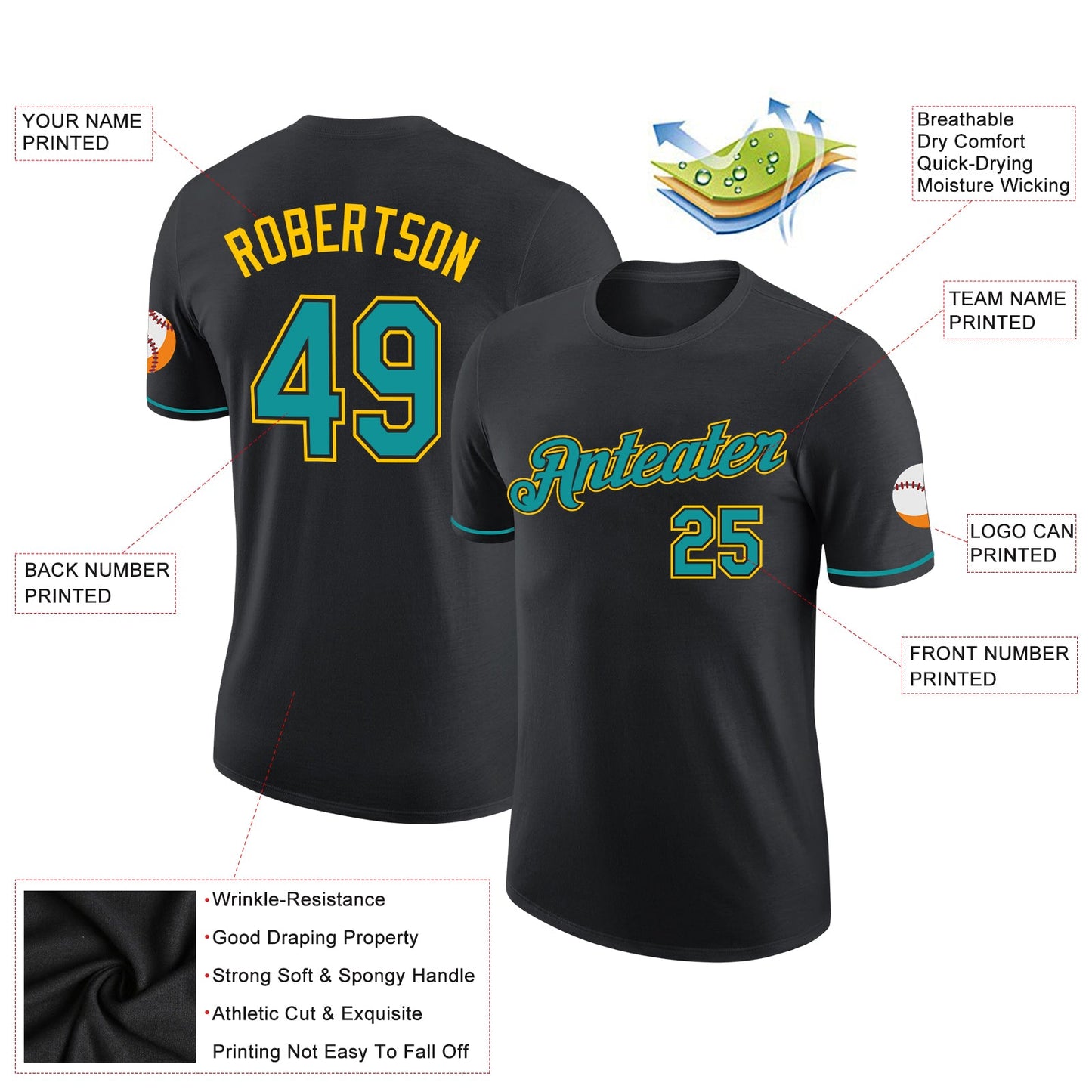 Custom Black Teal-Yellow Performance T-Shirt view 2