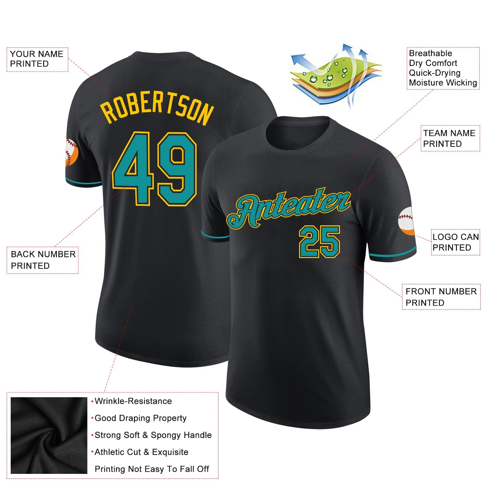 Custom Black Teal-Yellow Performance T-Shirt view 2