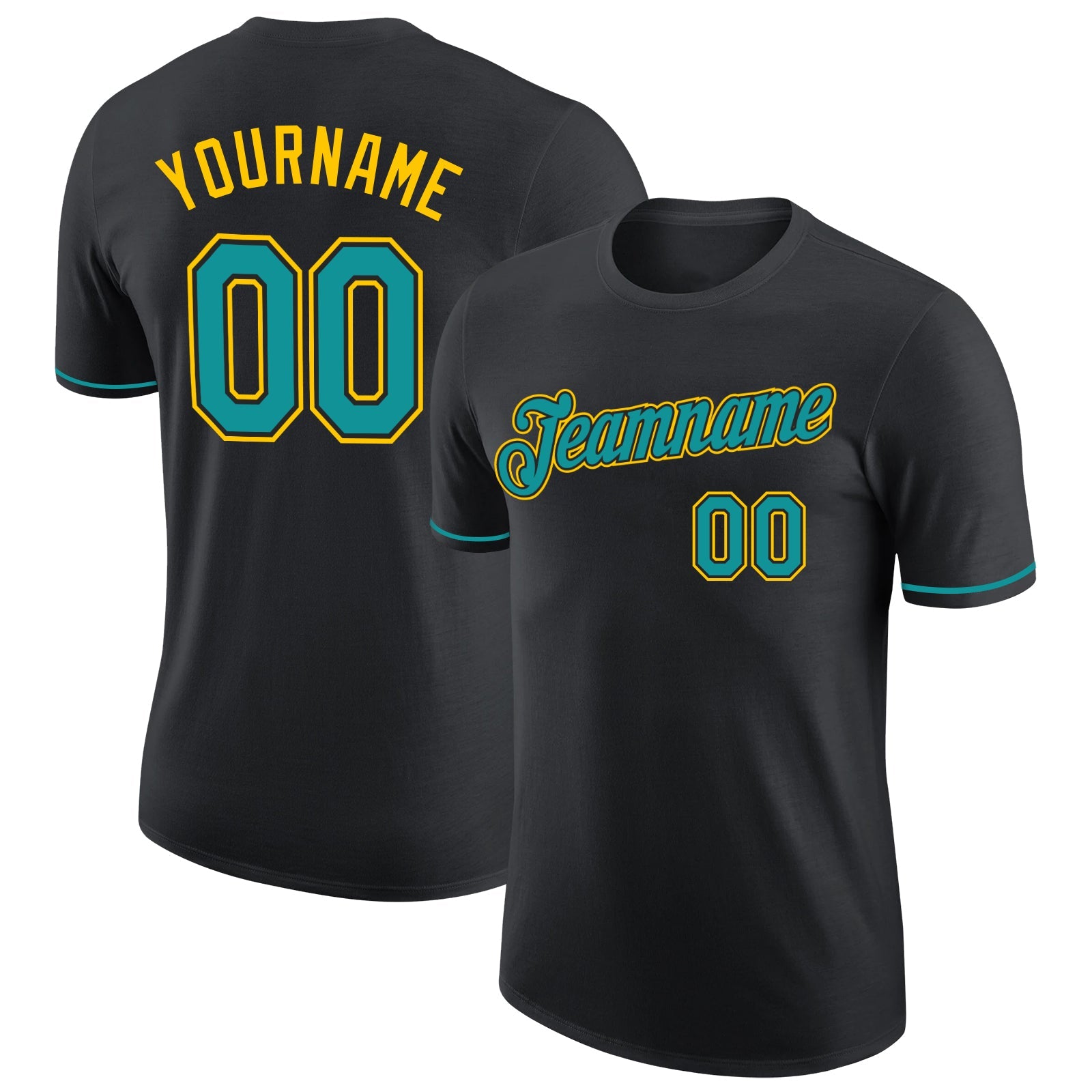 Custom Black Teal-Yellow Performance T-Shirt - Main View