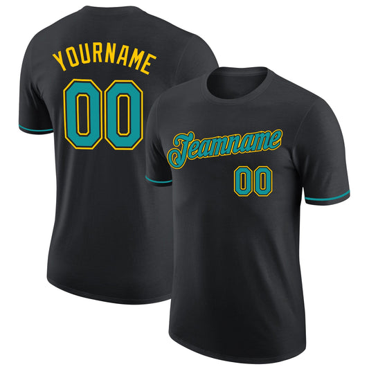 Custom Black Teal-Yellow Performance T-Shirt - Main View