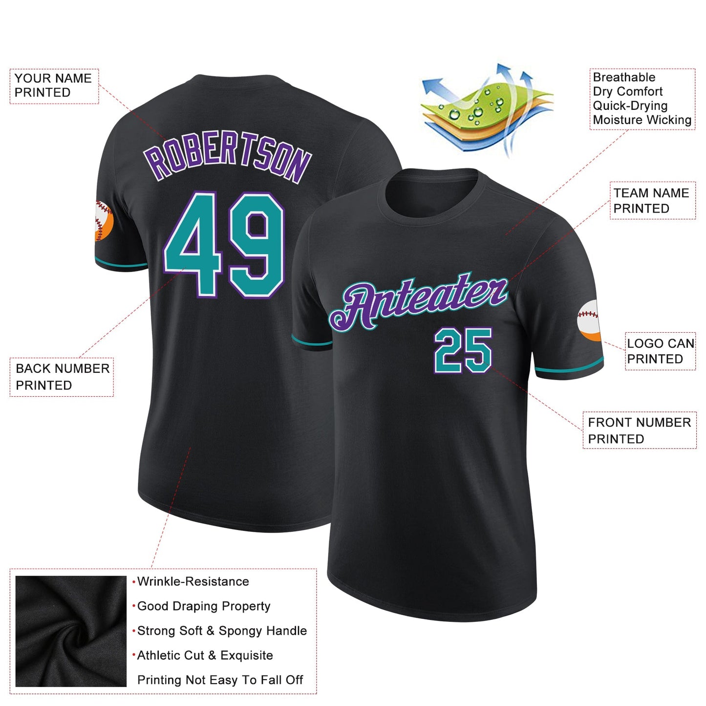Custom Black Teal-Purple Performance T-Shirt view 2
