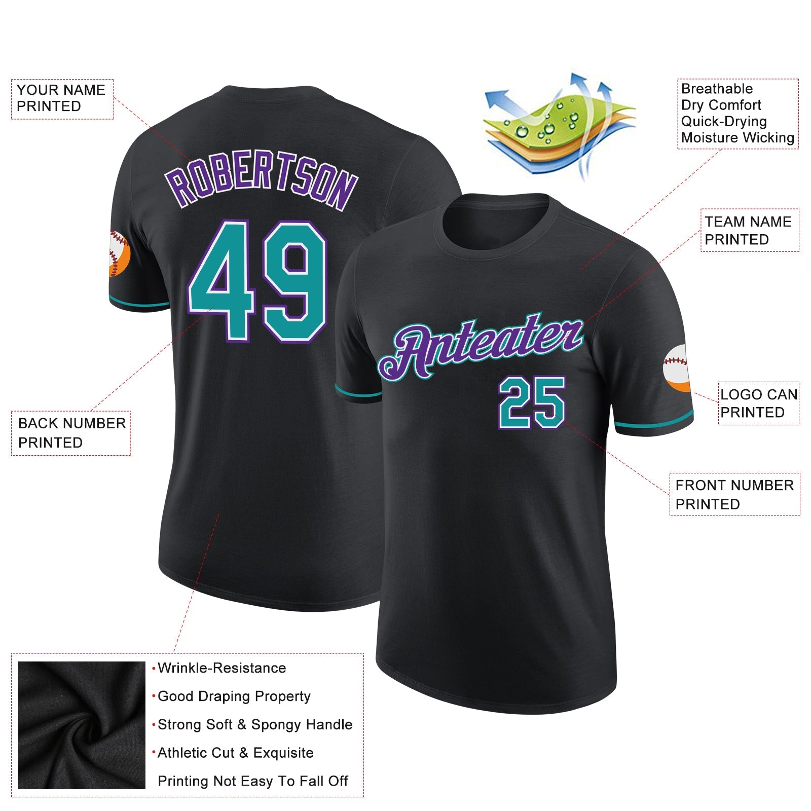 Custom Black Teal-Purple Performance T-Shirt view 2
