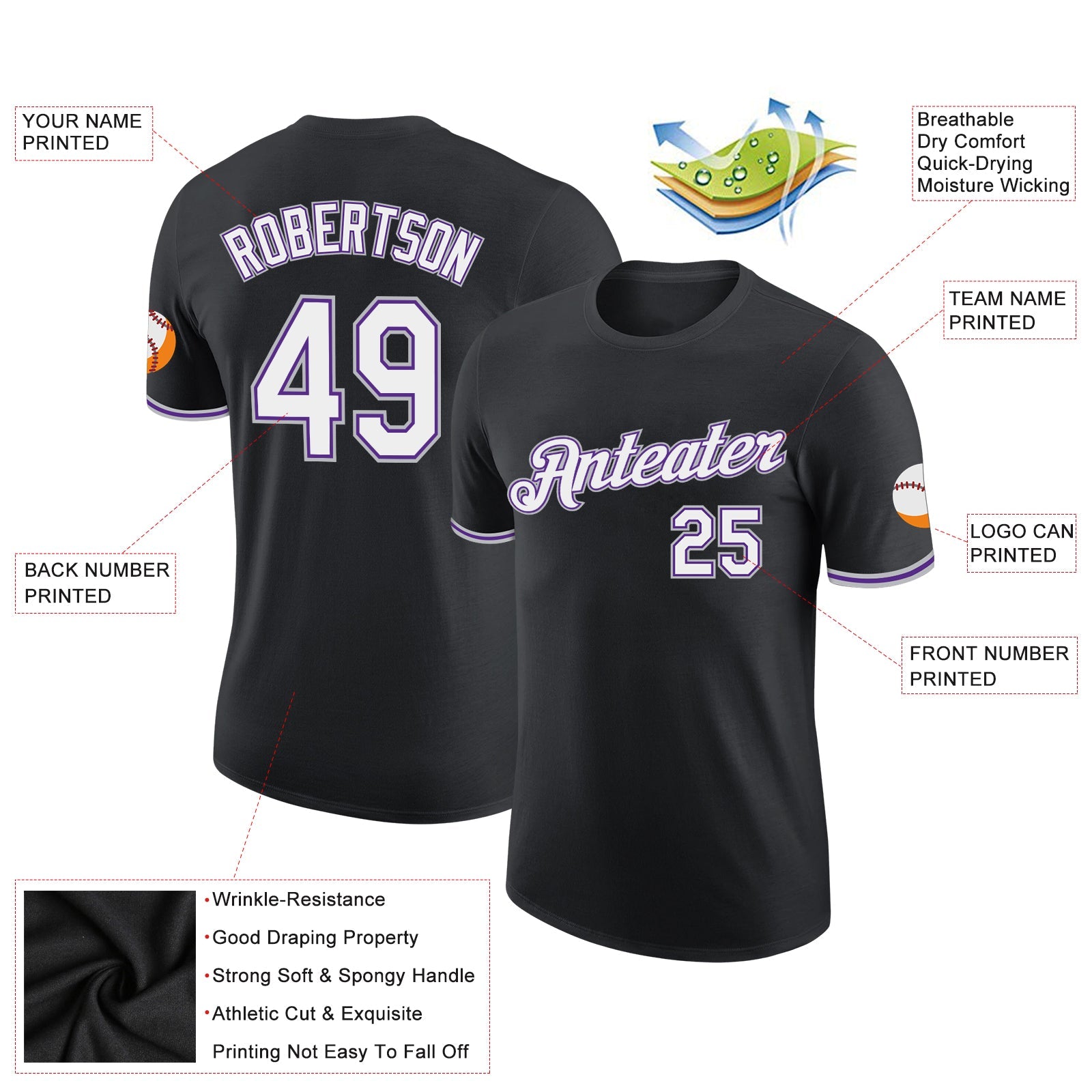 Custom Black White Purple-Gray Performance T-Shirt view 2