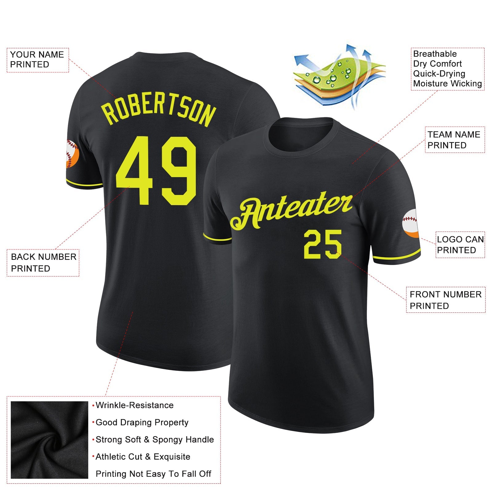 Custom Black Neon Yellow Performance T-Shirt view 2