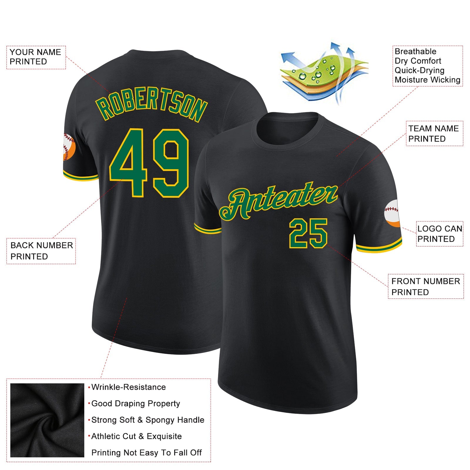 Custom Black Kelly Green-Yellow Performance T-Shirt view 2