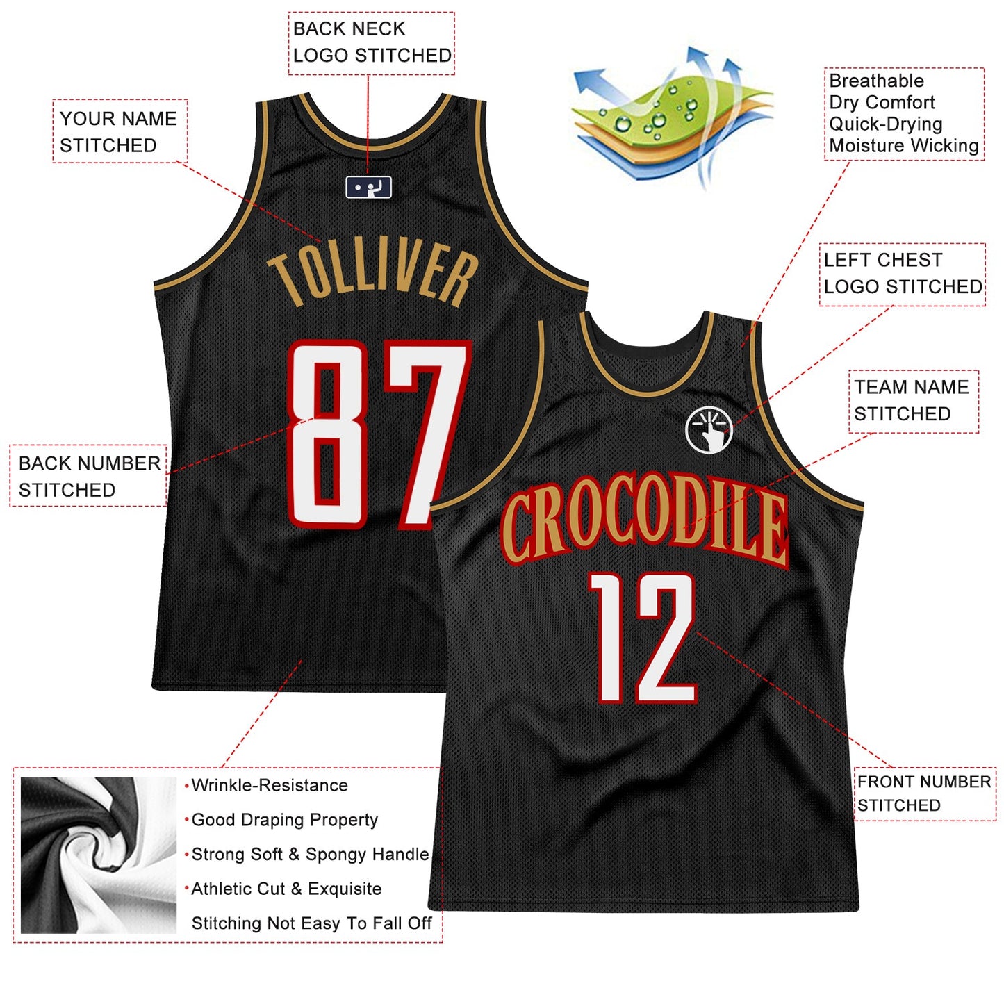 Custom Black White Red-Old Gold Authentic Throwback Basketball Jersey view 2