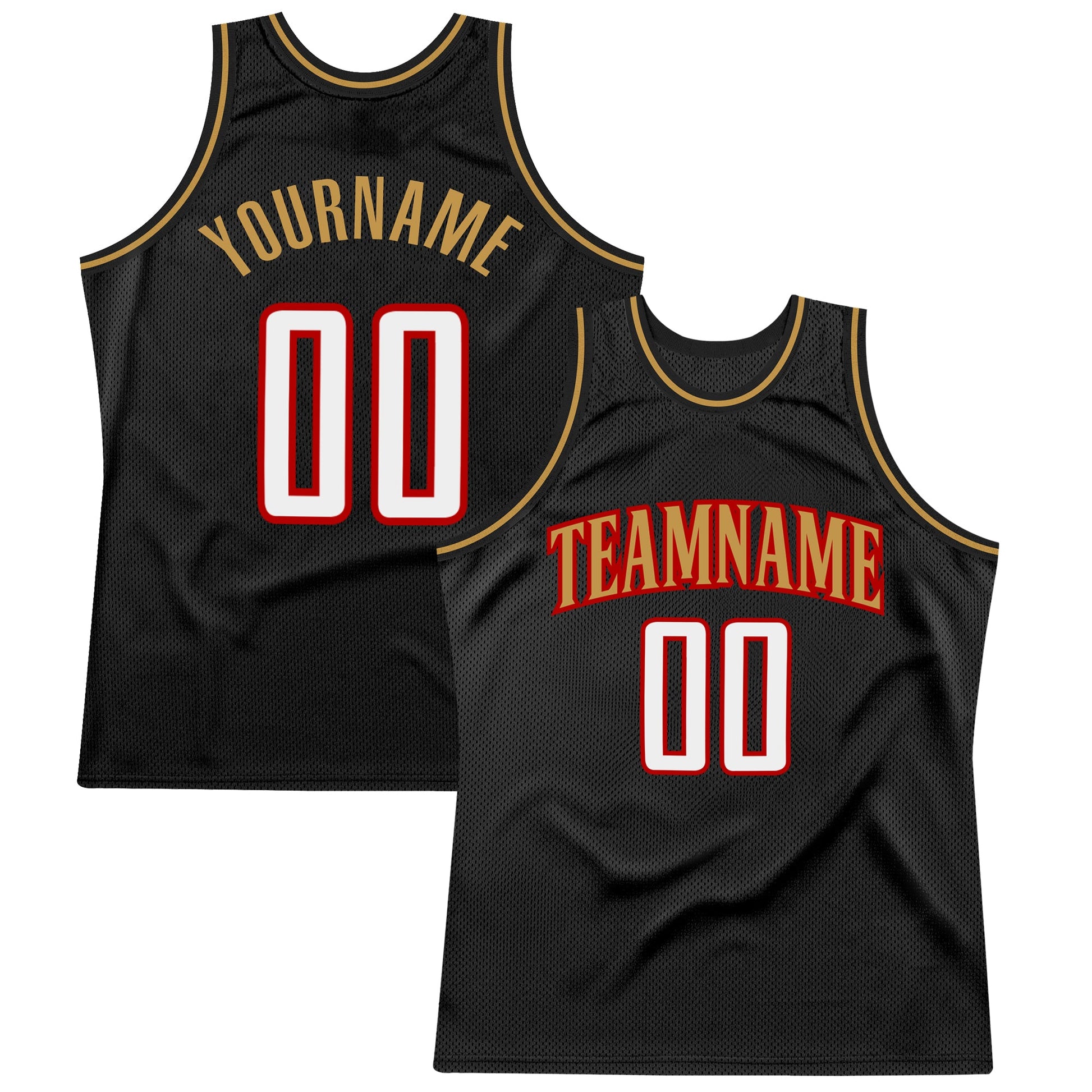 Custom Black White Red-Old Gold Authentic Throwback Basketball Jersey - Main View