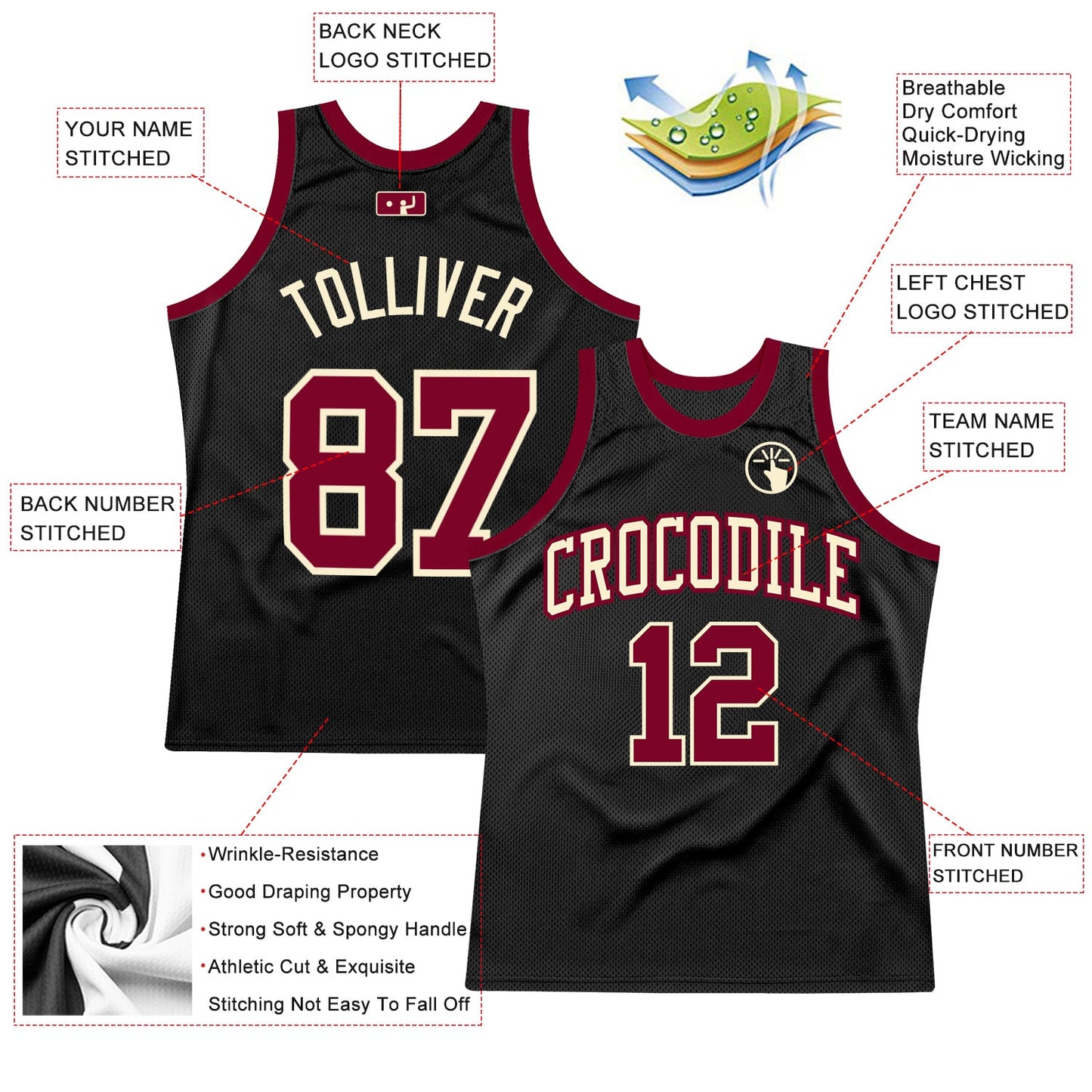 Custom Black Maroon-Cream Authentic Throwback Basketball Jersey view 2