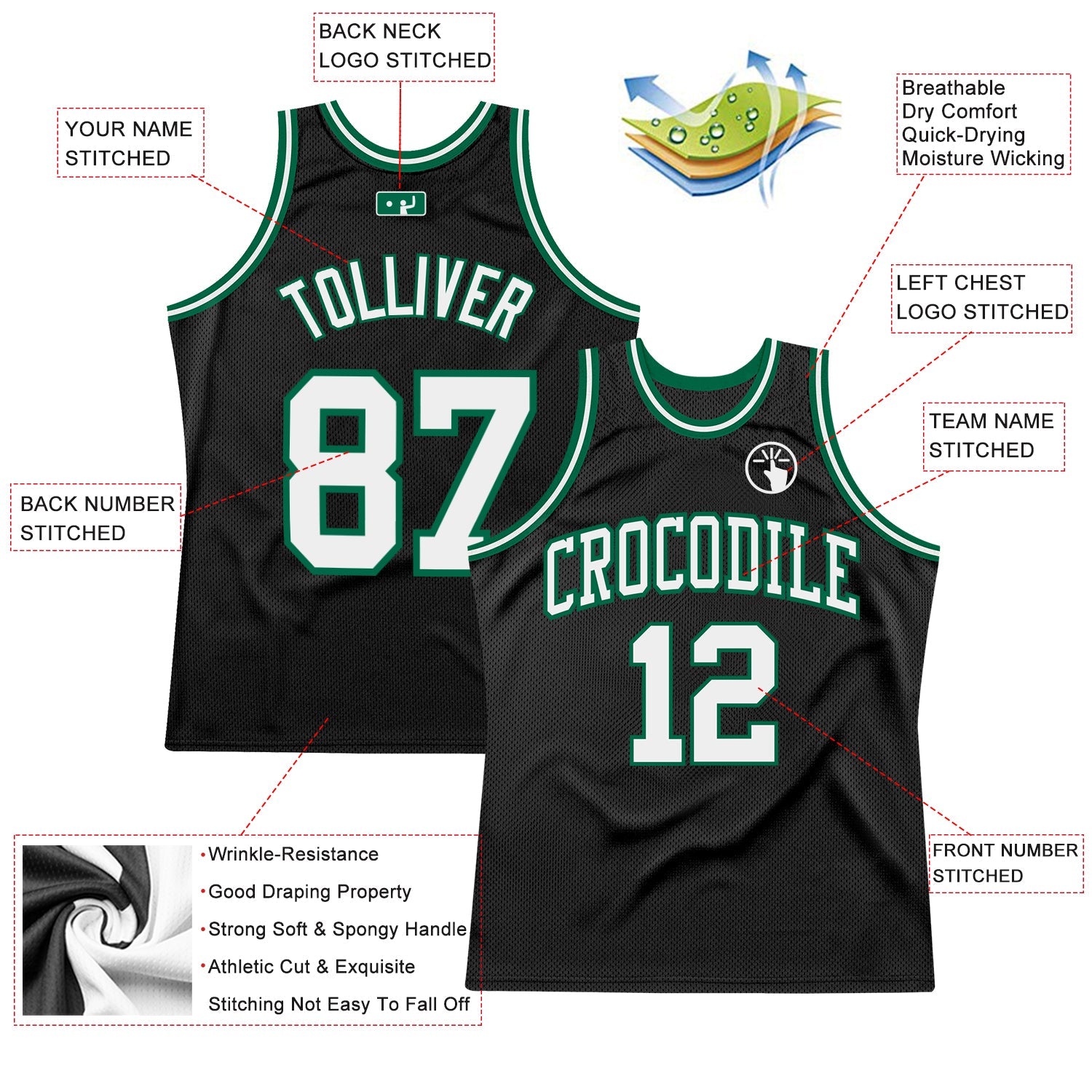 Custom Black White-Kelly Green Authentic Throwback Basketball Jersey view 2