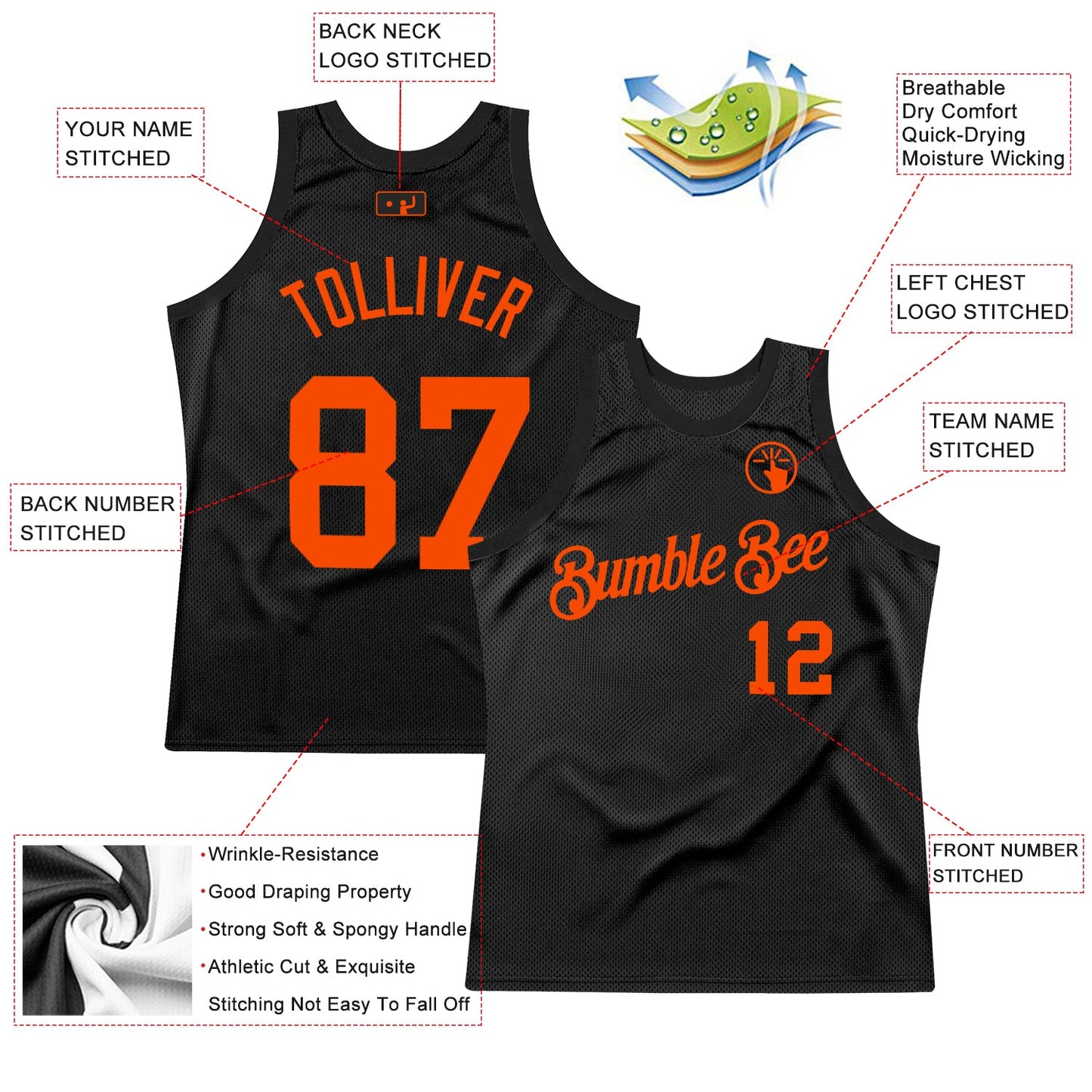 Custom Black Orange Authentic Throwback Basketball Jersey view 2