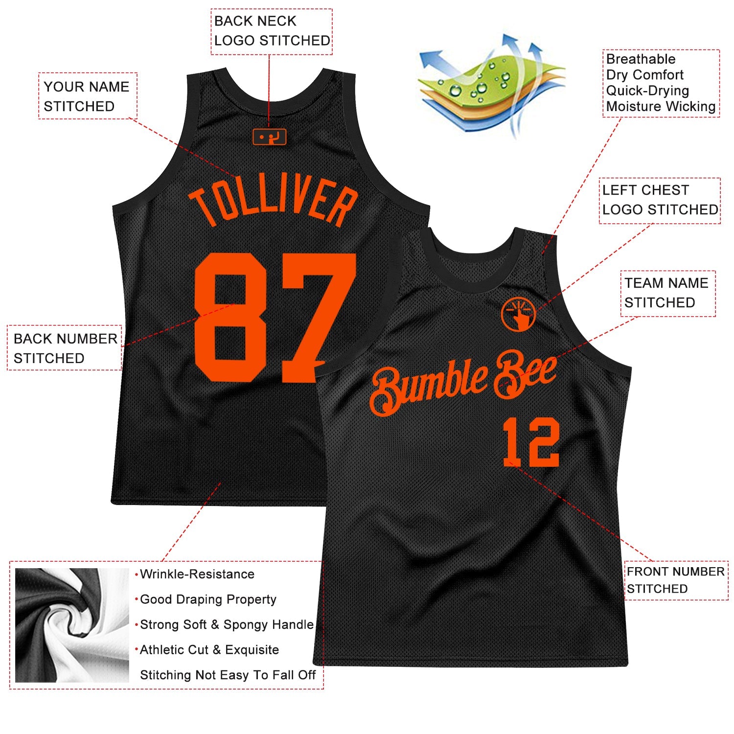 Custom Black Orange Authentic Throwback Basketball Jersey view 2