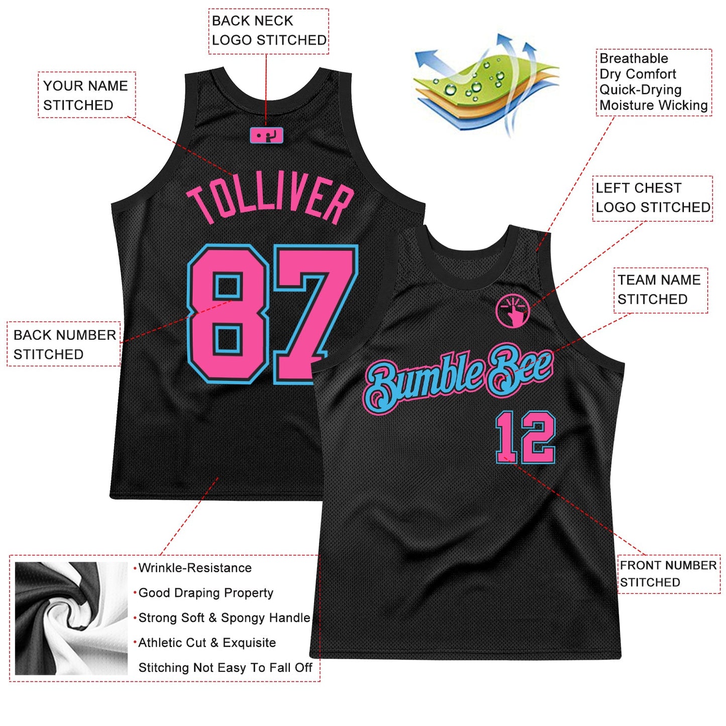 Custom Black Pink-Sky Blue Authentic Throwback Basketball Jersey view 3