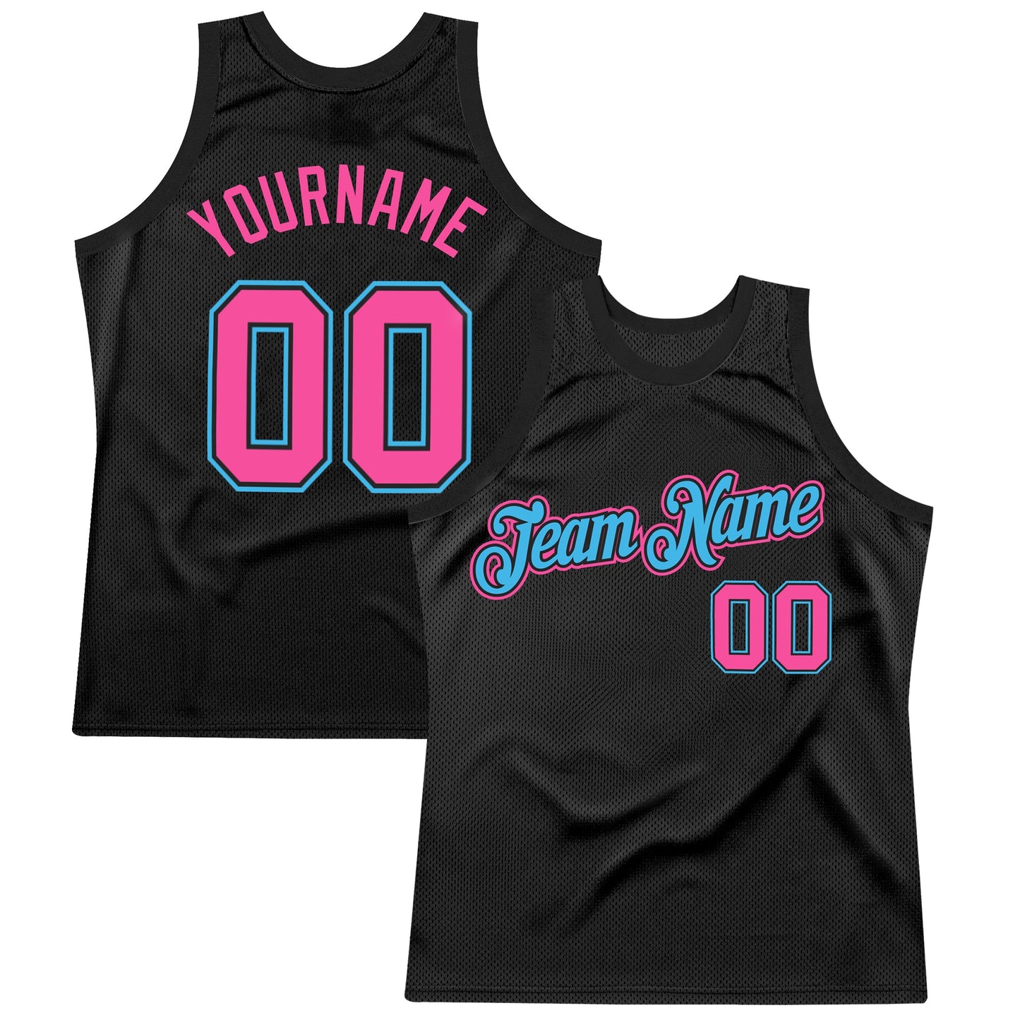 Custom Black Pink-Sky Blue Authentic Throwback Basketball Jersey - Main View
