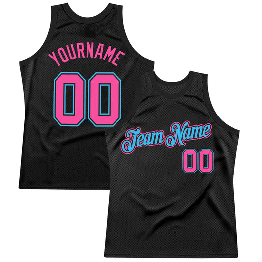 Custom Black Pink-Sky Blue Authentic Throwback Basketball Jersey - Main View