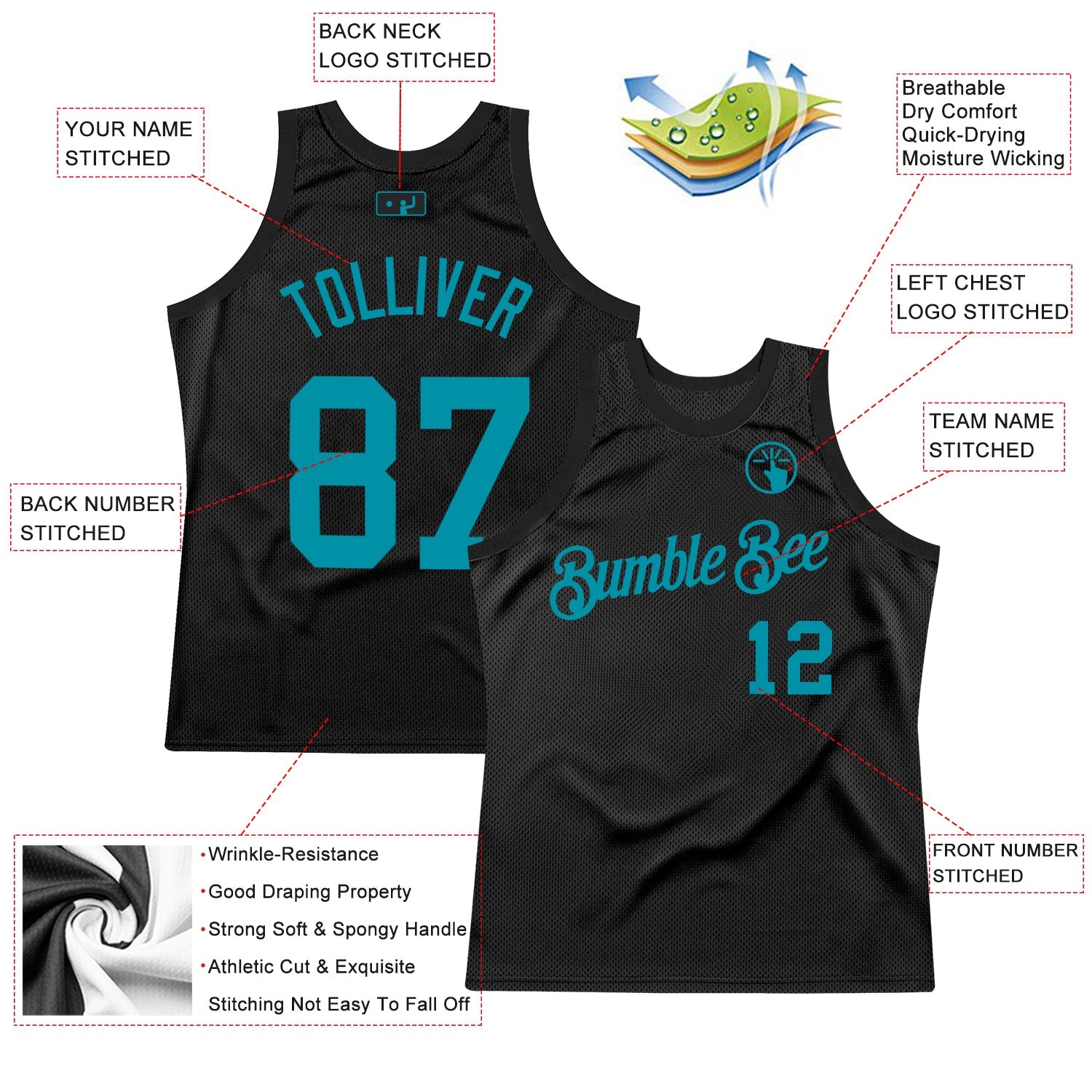 Custom Black Teal Authentic Throwback Basketball Jersey view 3