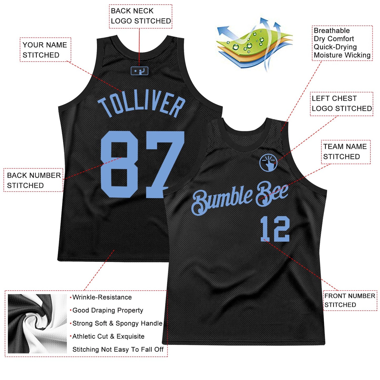 Custom Black Light Blue Authentic Throwback Basketball Jersey view 2
