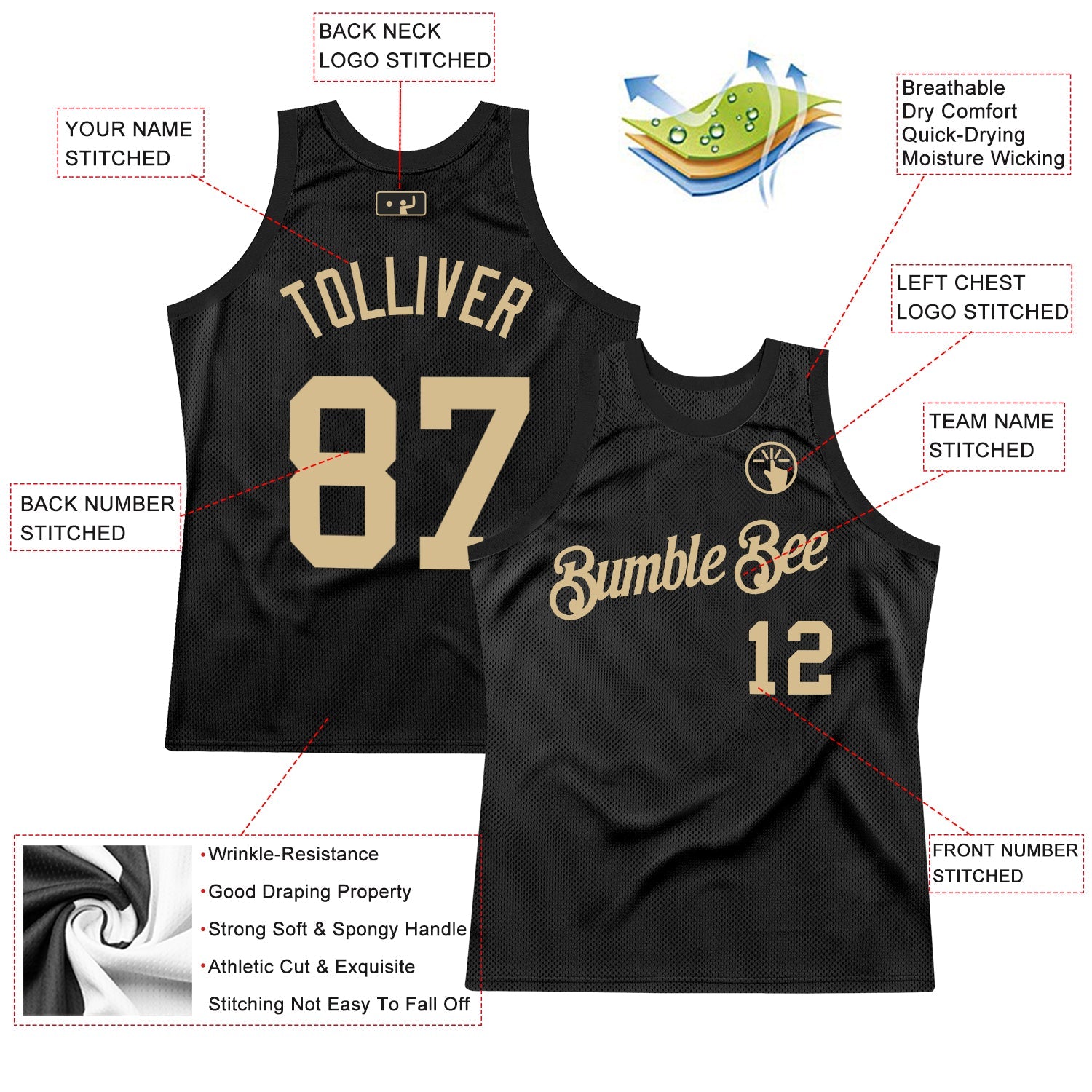 Custom Black Vegas Gold Authentic Throwback Basketball Jersey view 2